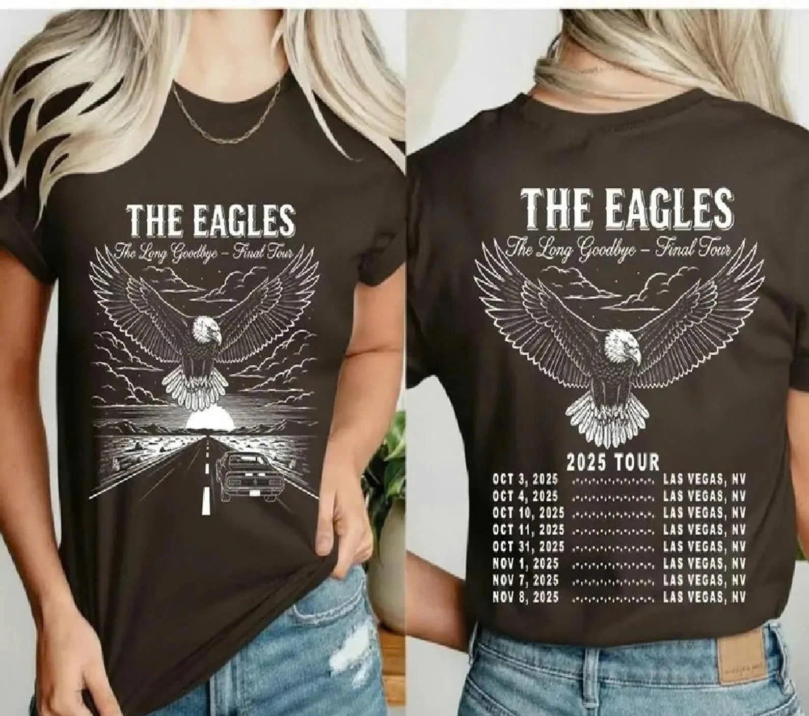 Retro Rock Concert Long Goodbye Tour Eagles Graphic Cotton 2Sides Unisex Tee