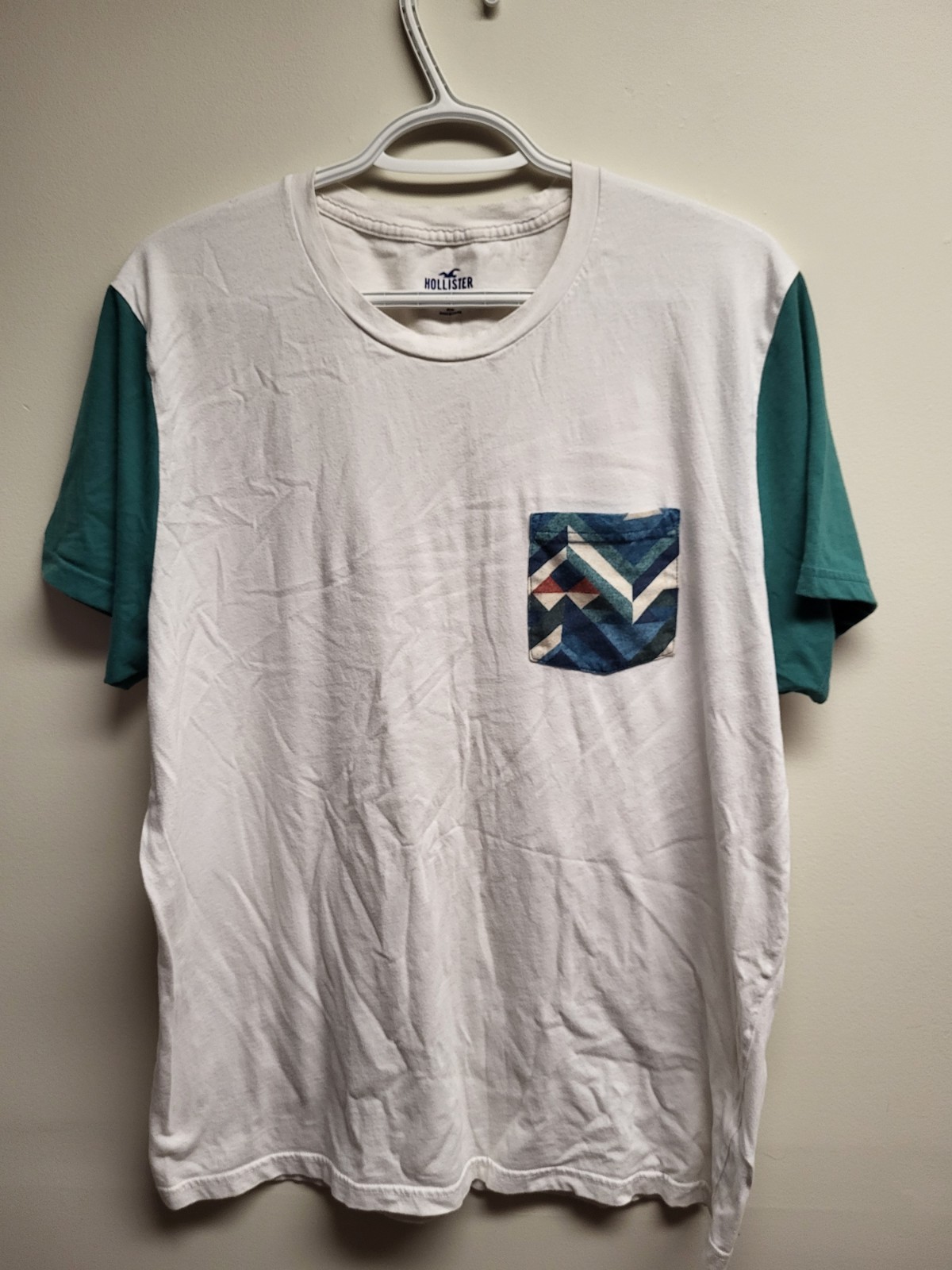 Hollister Pocket T Shirt Men’s XL White Teal Colorblock Short Sleeve Tee