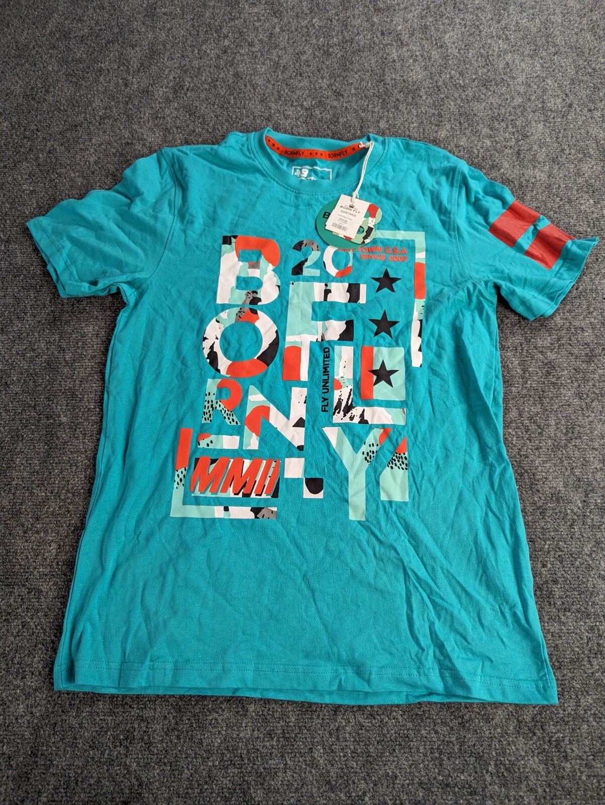 Born Fly T-shirt Mens Small Teal Anytown USA NWT