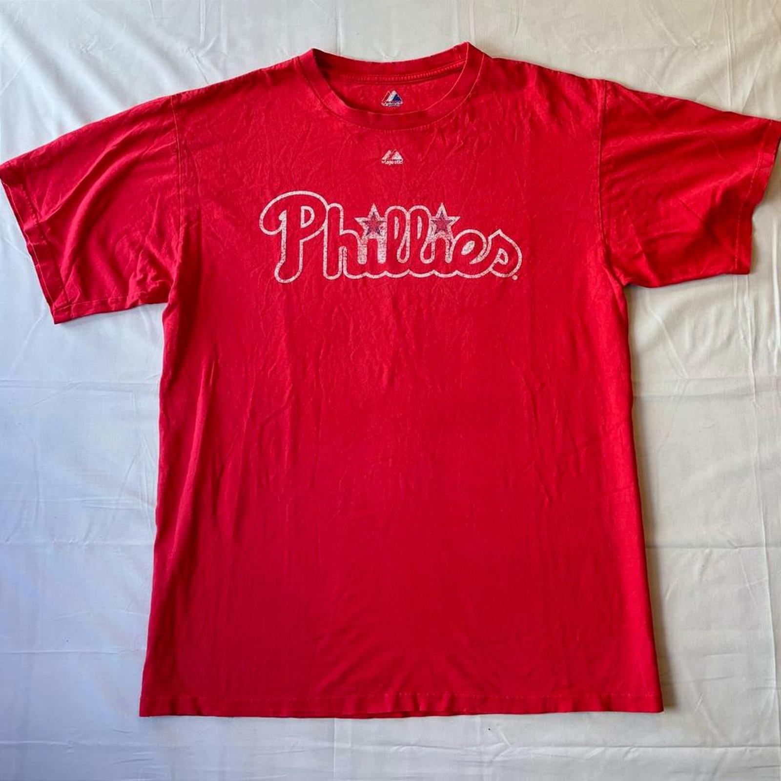 2000s Majestic Phillies Chase Utley 26 Player Tee Large Red MLB Distressed