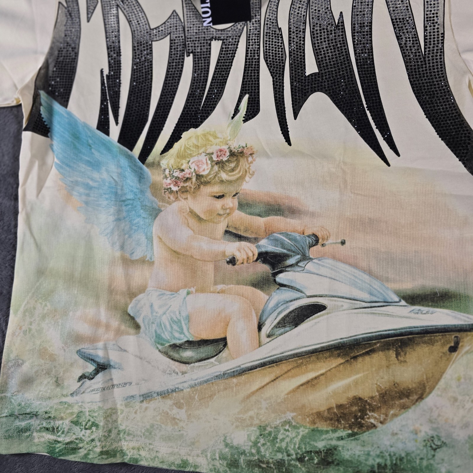 Mixed Emotion Clothing Jetski Rhinestone T-Shirt Mens Cream Y2K Streetwear Size