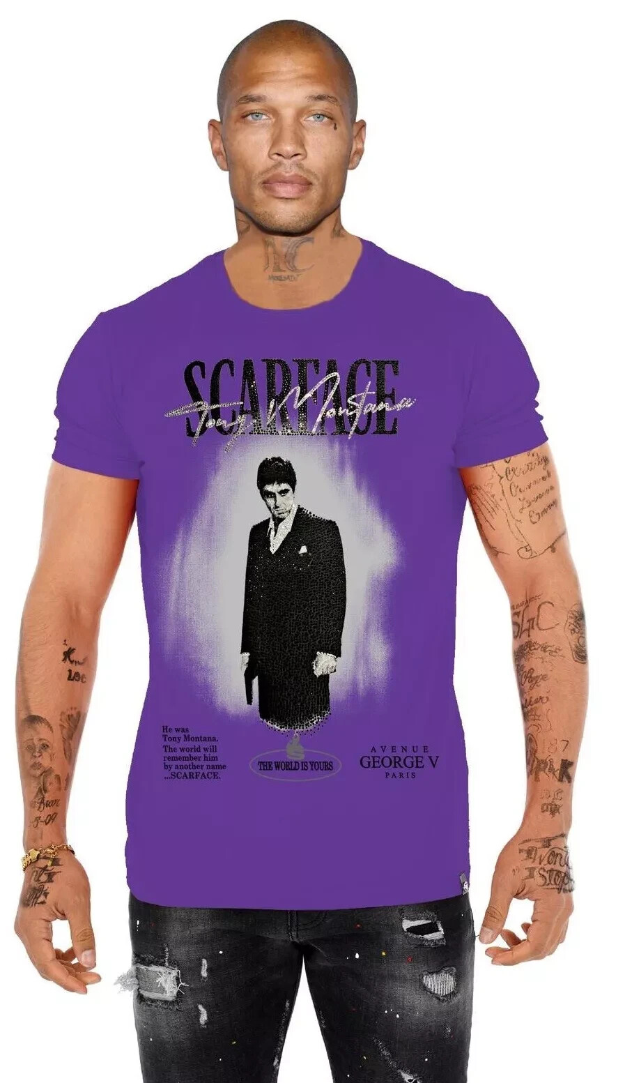 Avenue George V Paris Tony Montana Scarface Men’s Purple T-Shirt Rhinestone