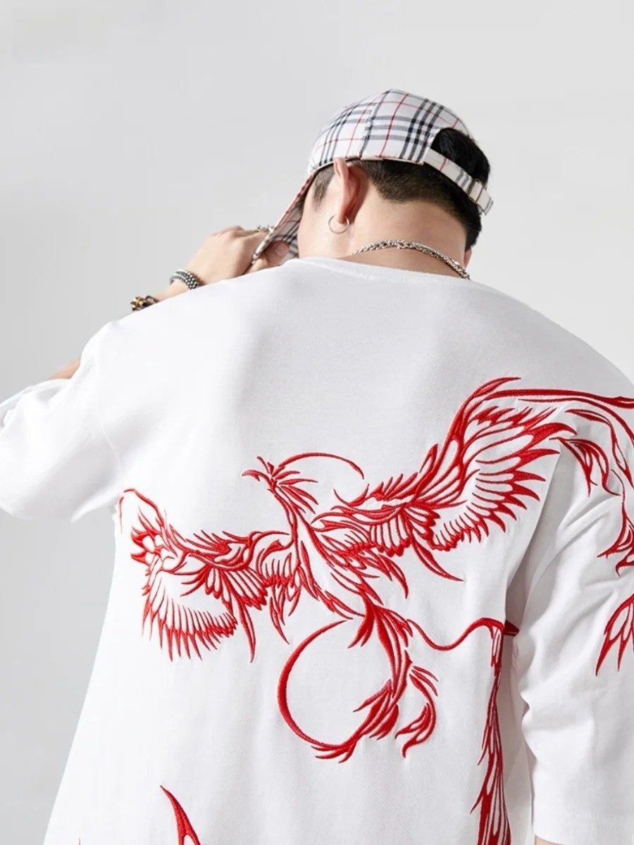 Men’s Premium Phoenix Embroidery Cotton T-Shirt Slim Fit Short Sleeve Tee