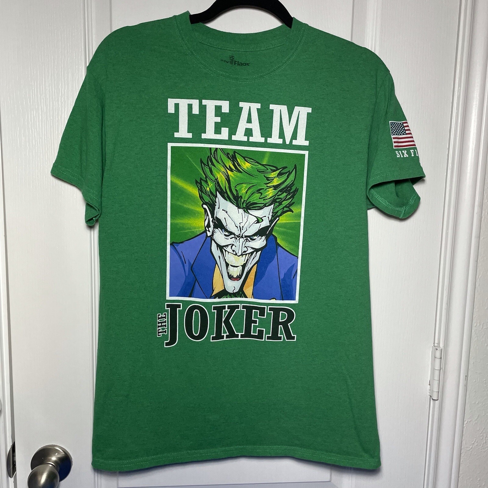 Six Flags Men’s Graphic T-shirt Team THE Joker Green Short Sleeve Medium