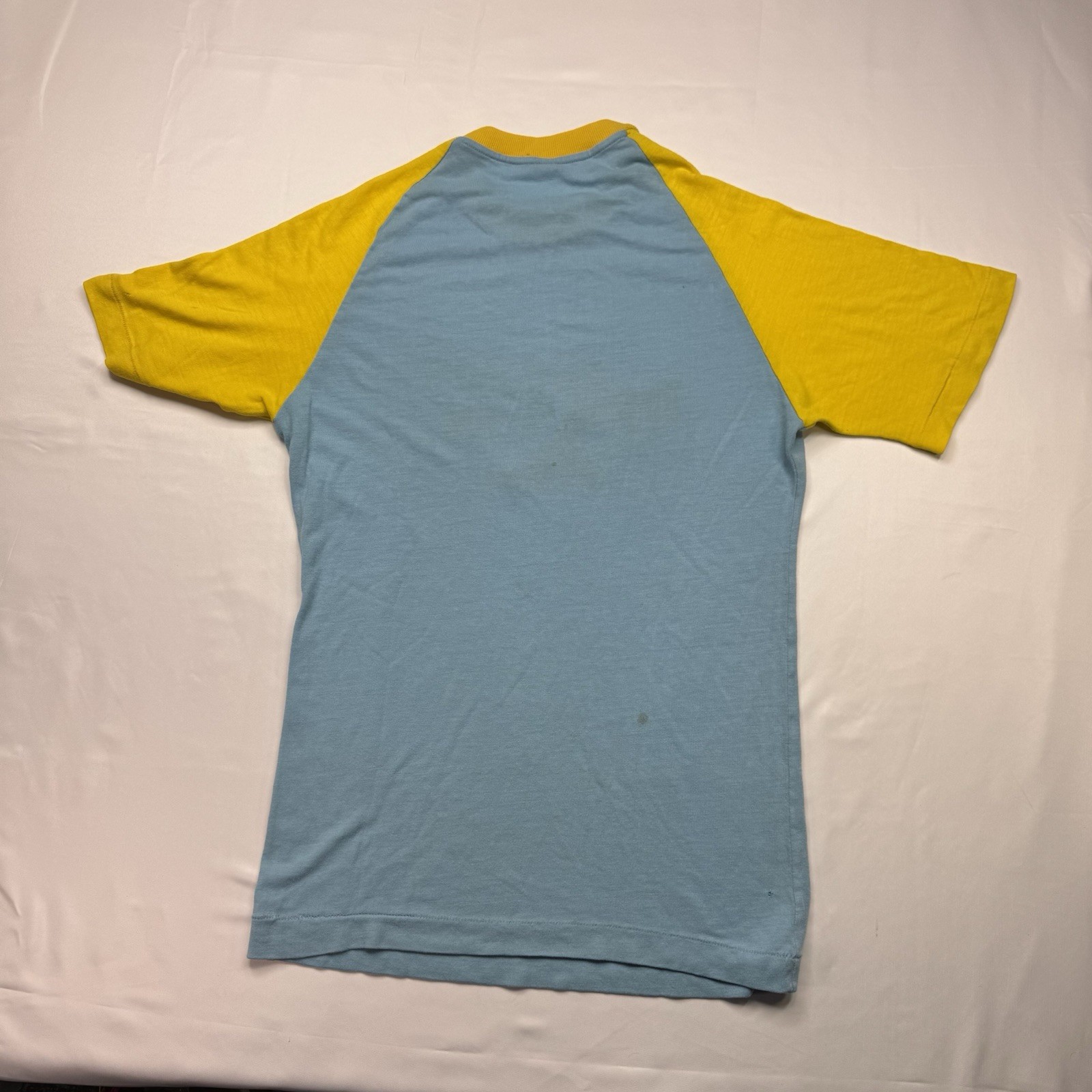 Vintage 70s Athlete’s Foot T-Shirt Medium Single Stitch Blue Yellow Stained