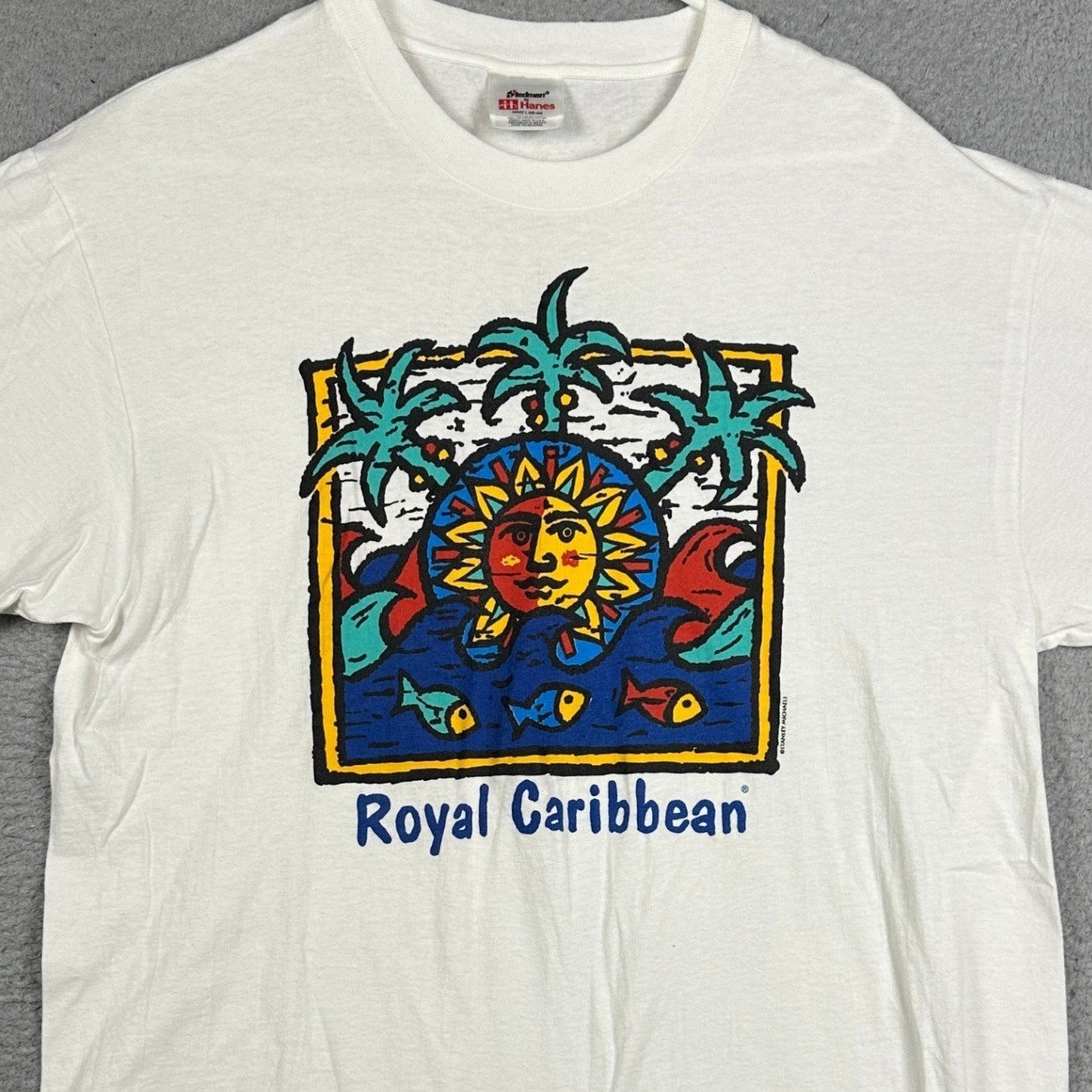 Vintage Stedman Hanes T-Shirt Mens Large White Royal Carribean Single Stitch USA