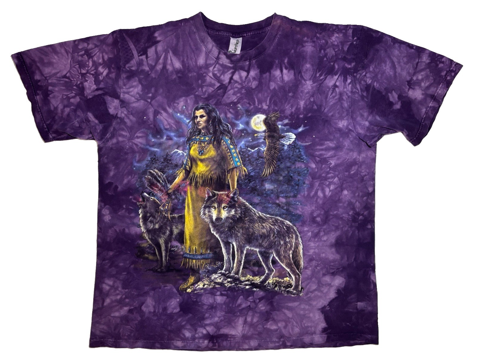Vintage 90s Tie Dye Native American Woman Wolf Eagle Nature T Shirt Sz XL Purple