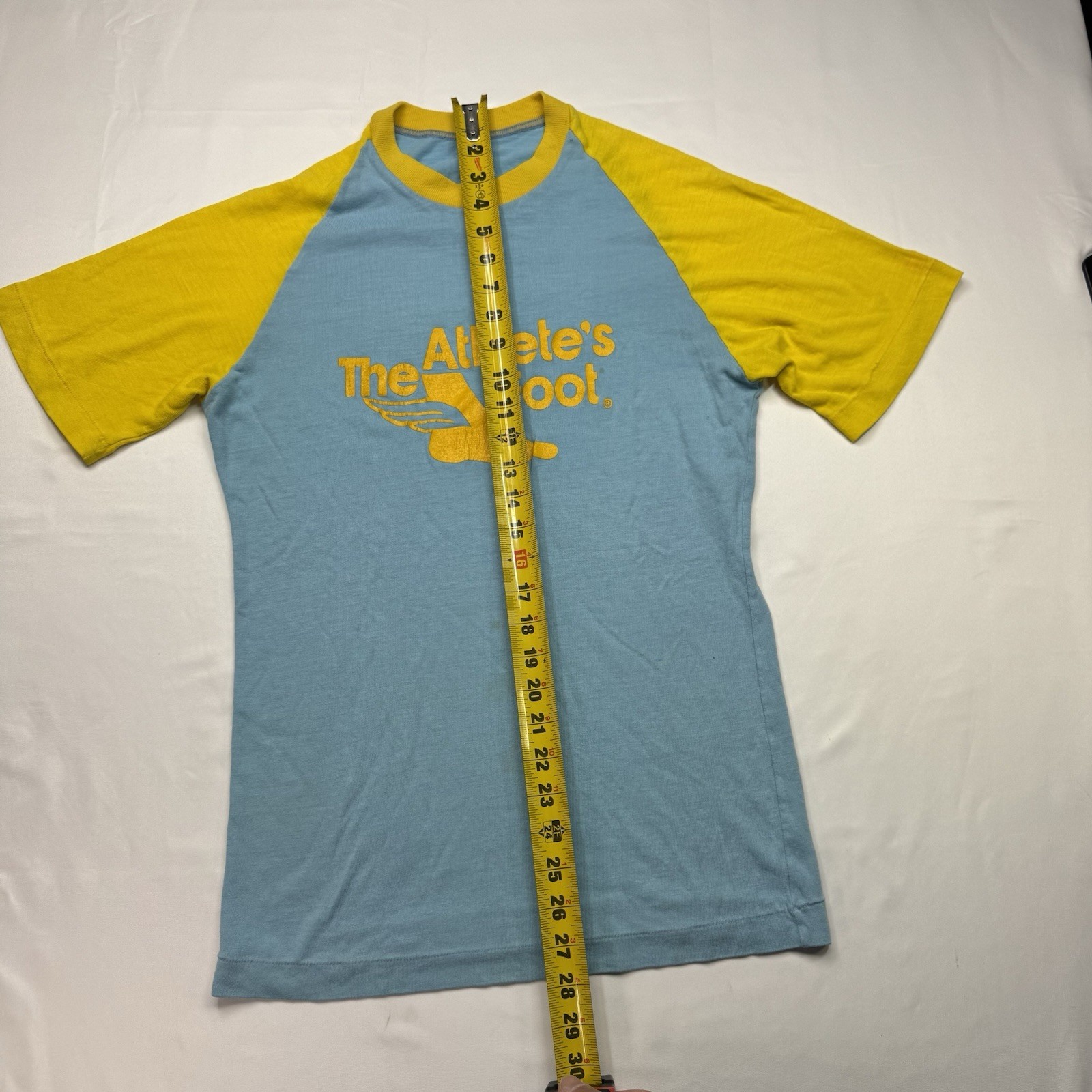 Vintage 70s Athlete’s Foot T-Shirt Medium Single Stitch Blue Yellow Stained