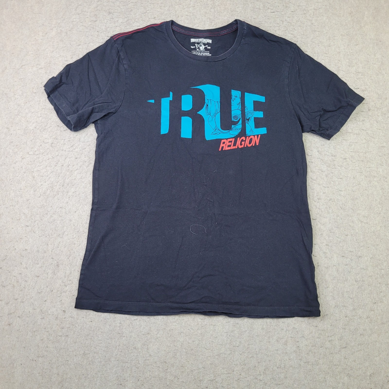 True Religion World Tour T Shirt Mens L Black Short Sleeve Blue Logo Spellout