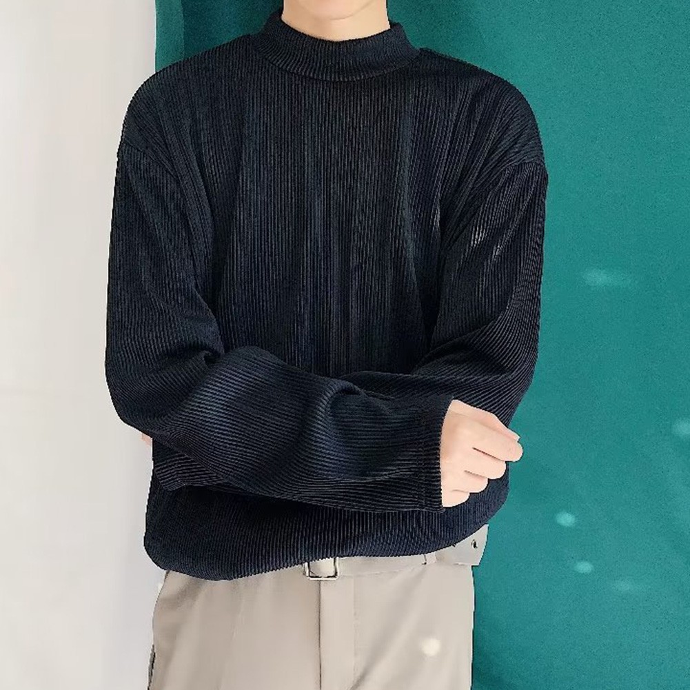 Mens Casual Pleated Drape Half Turtleneck T Shirt for Daily Wear and Commuting