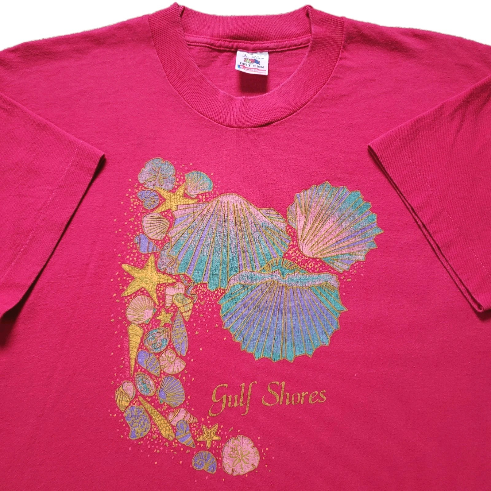 Vintage 90’s Gulf Shores Seashells Large Single Stitch USA Made Mens Pink Shirt