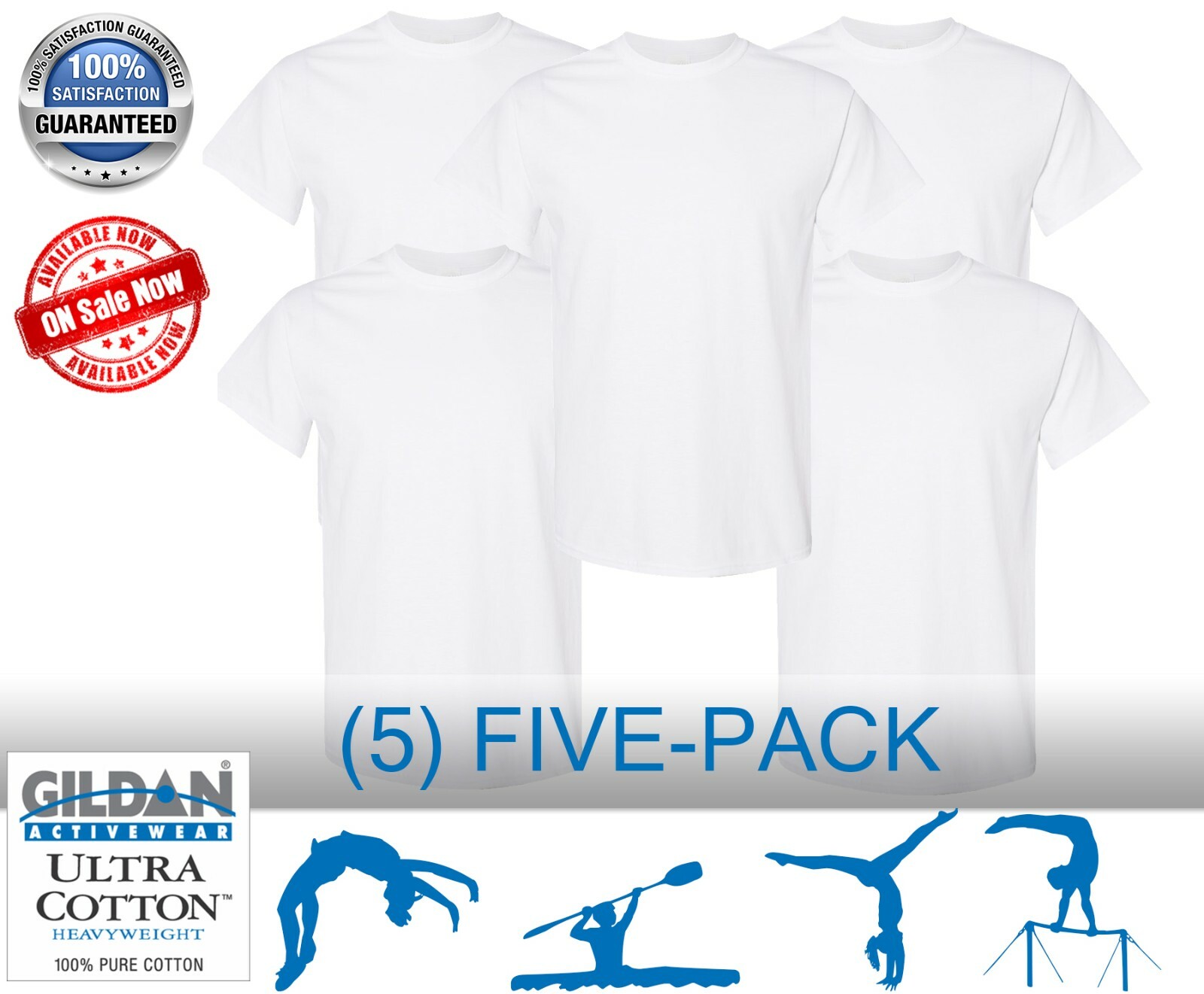Gildan Standard T-Shirts 100% Heavy 5.3oz Cotton S/M/L/XL (5-Pack) NEW