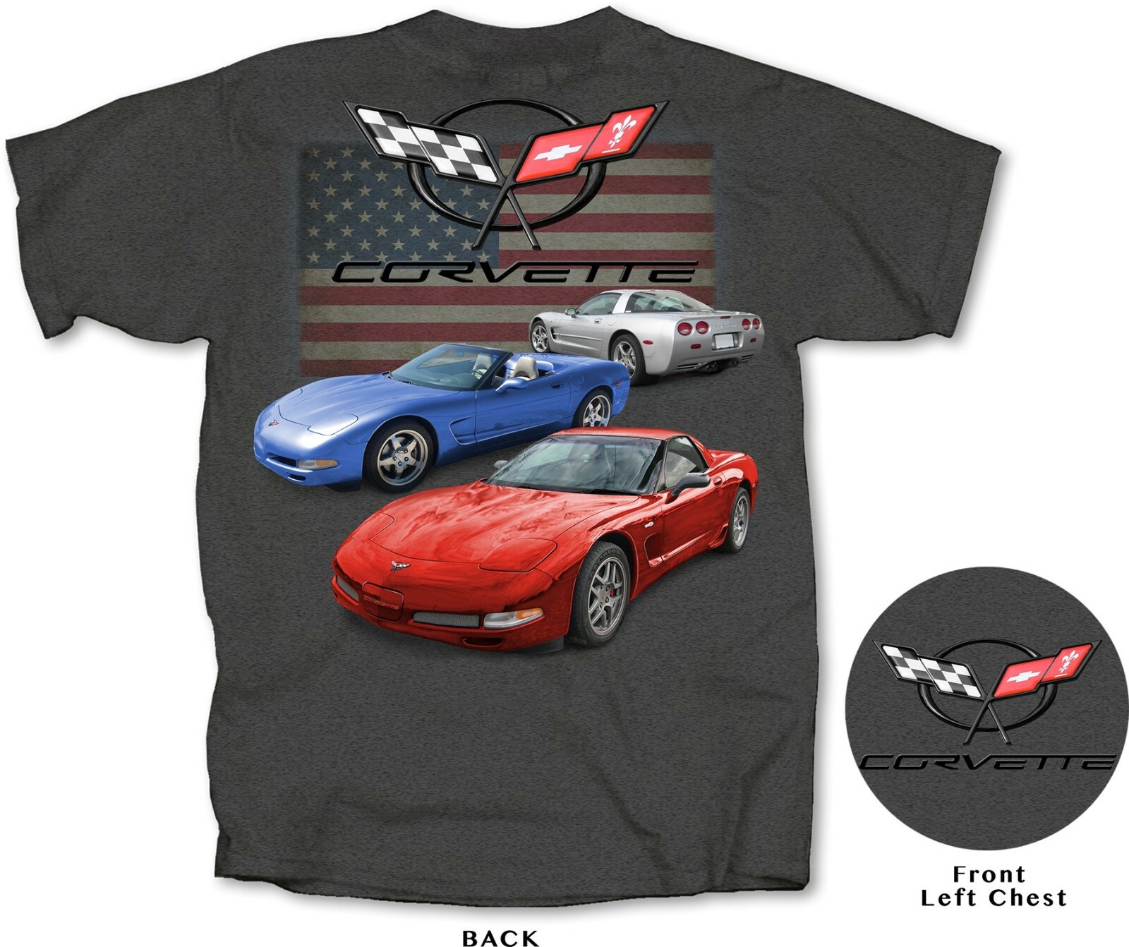 Joe Blow T’s Chevy Corvette C5 Men’s Gray T-Shirt LS1 Z06 LS6 1997 – 2004 Flag