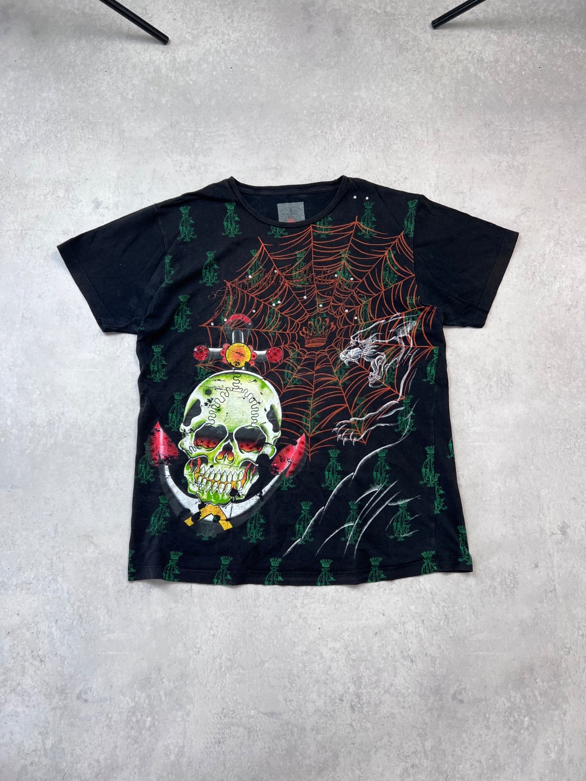 Christian Audigier Skull Spider Web Rhinestone Gothic Graphic T-Shirt Black