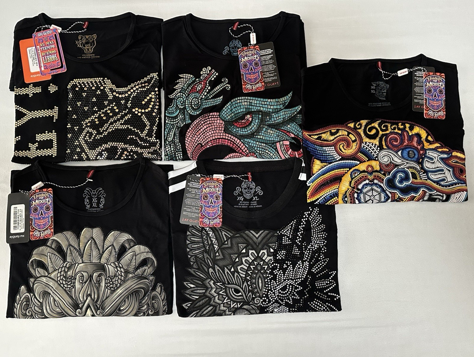 ¡Ay Güey! Men’s Lot of 5 Black Studded Graphic Print Crew Neck T-Shirt Size XL