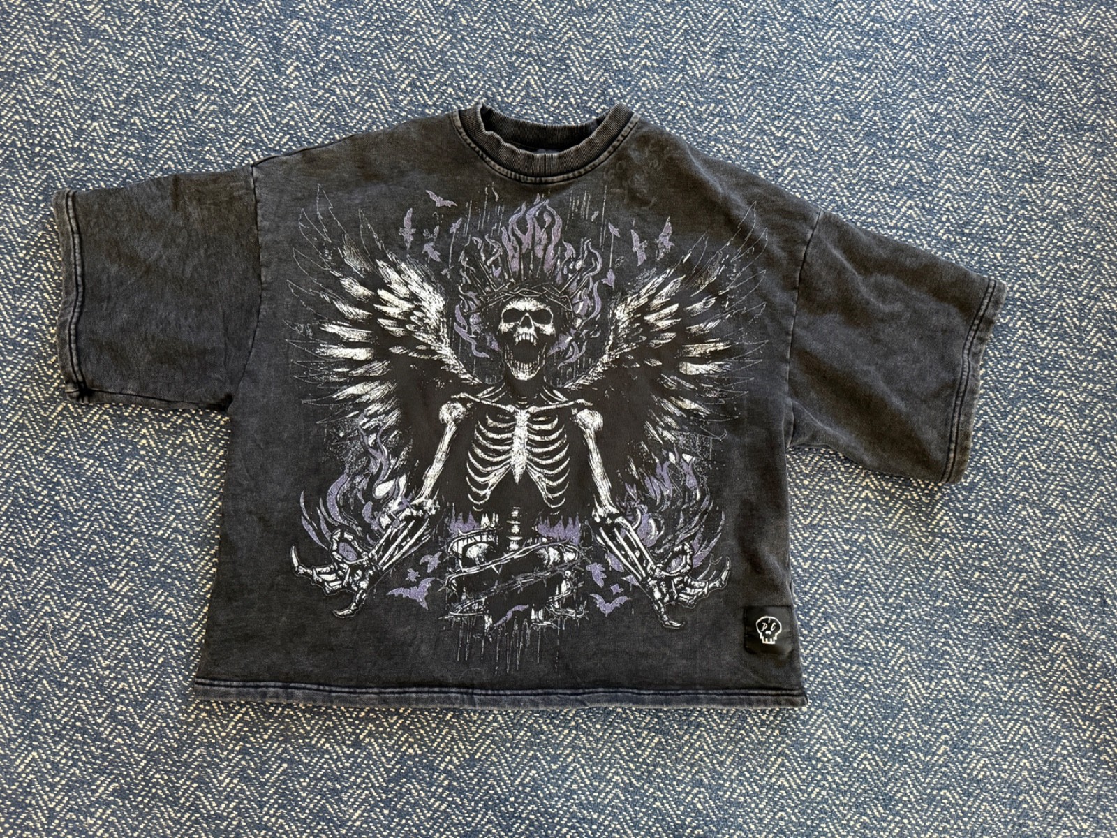 Winged Skeleton Punk Goth Grunge Oversized Lightweight Short Sleeve Sweatshirt