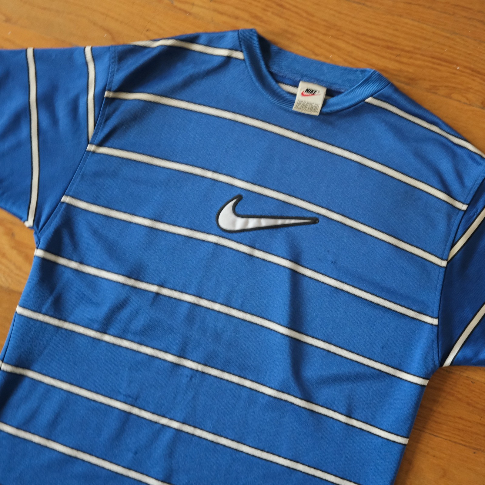 Nike 90s Striped T Shirt Blue Embroidered Center Swoosh Vintage Size M Sporty