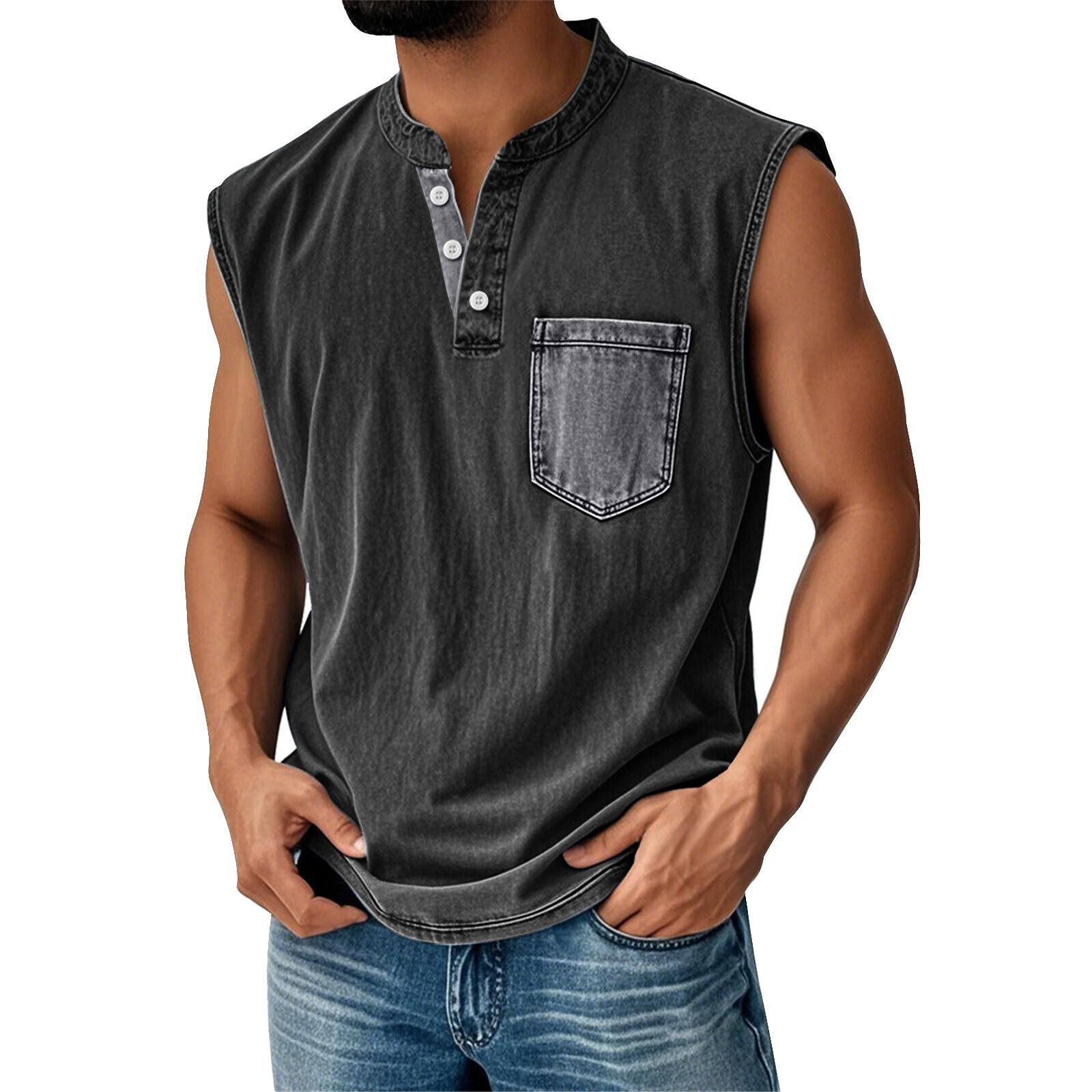 Men Sleeveless Beach Shirts Summer Hawaiian Shirts Casual Button Henley Tank Top