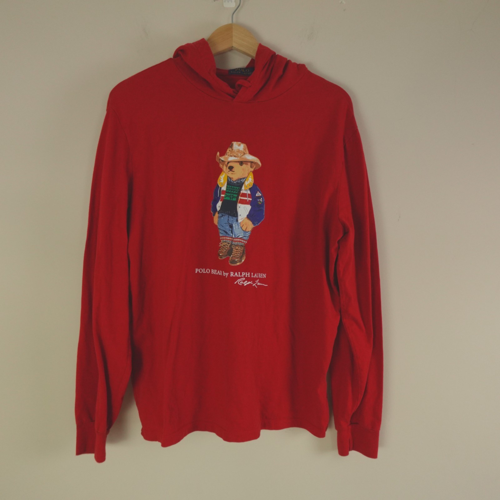 Ralph Lauren Polo Bear Pullover Large Red Sun Valley Jersey Hooded T Shirt