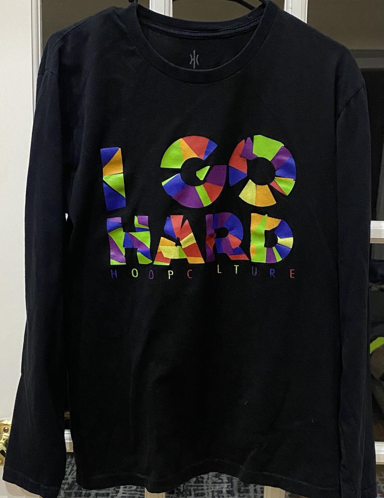 Hoop Culture “I Go Hard” Rainbow Colors Text Black Long Sleeve Tee | Men Large
