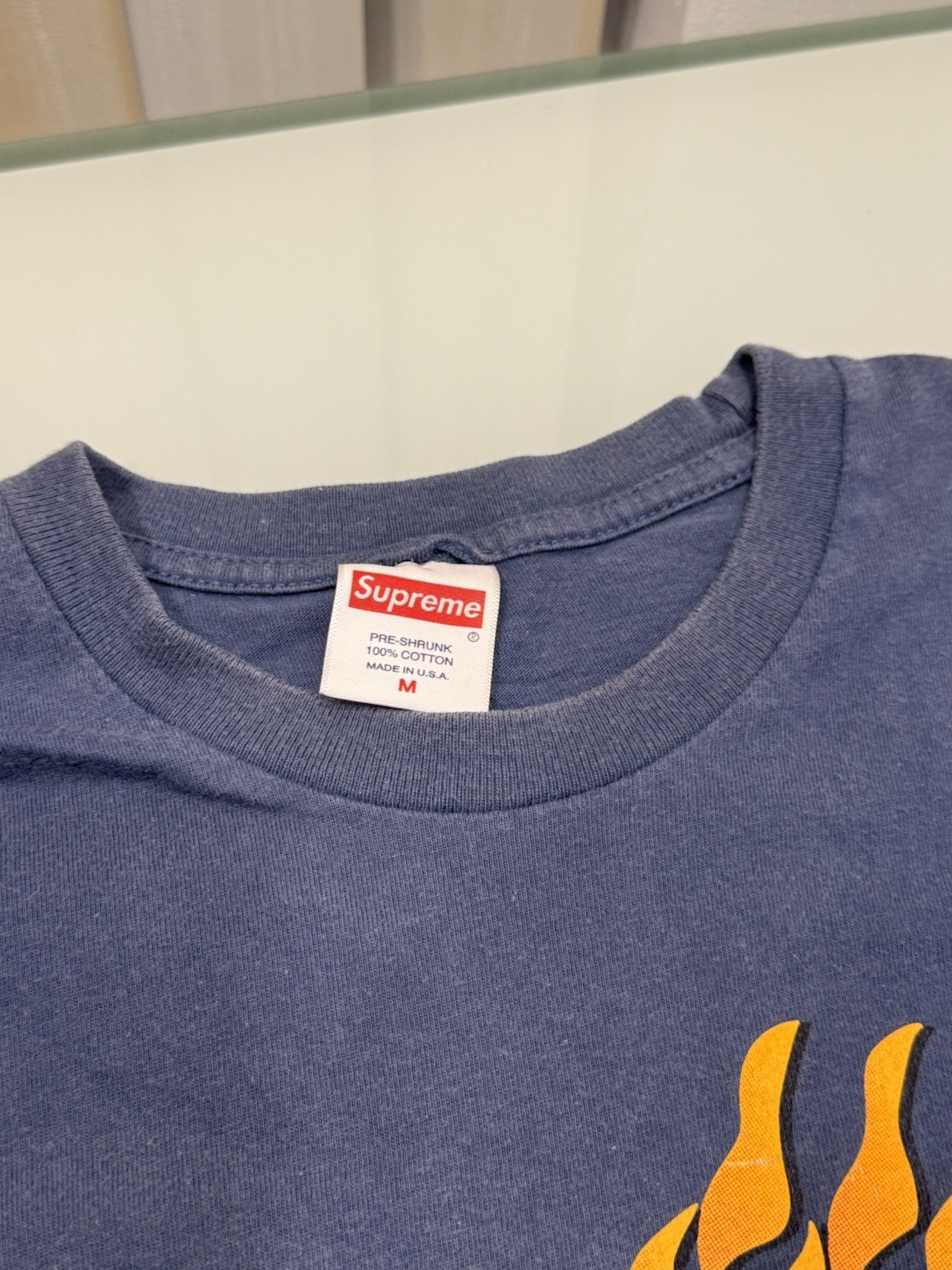 Supreme FW17 Flames Blue T-Shirt Size Medium Distressed Faded See Pics