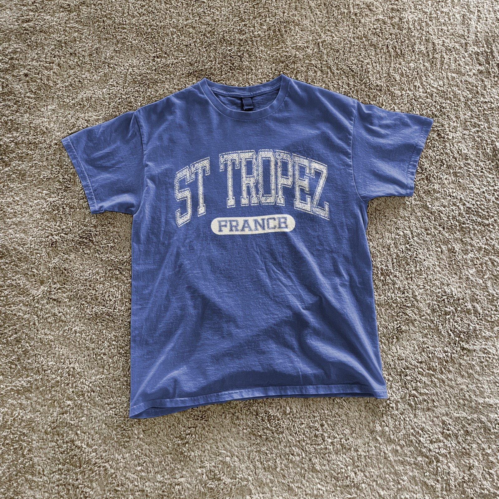 St Tropez France Vintage University Font Summer Travel Blue Tee, T-Shirt