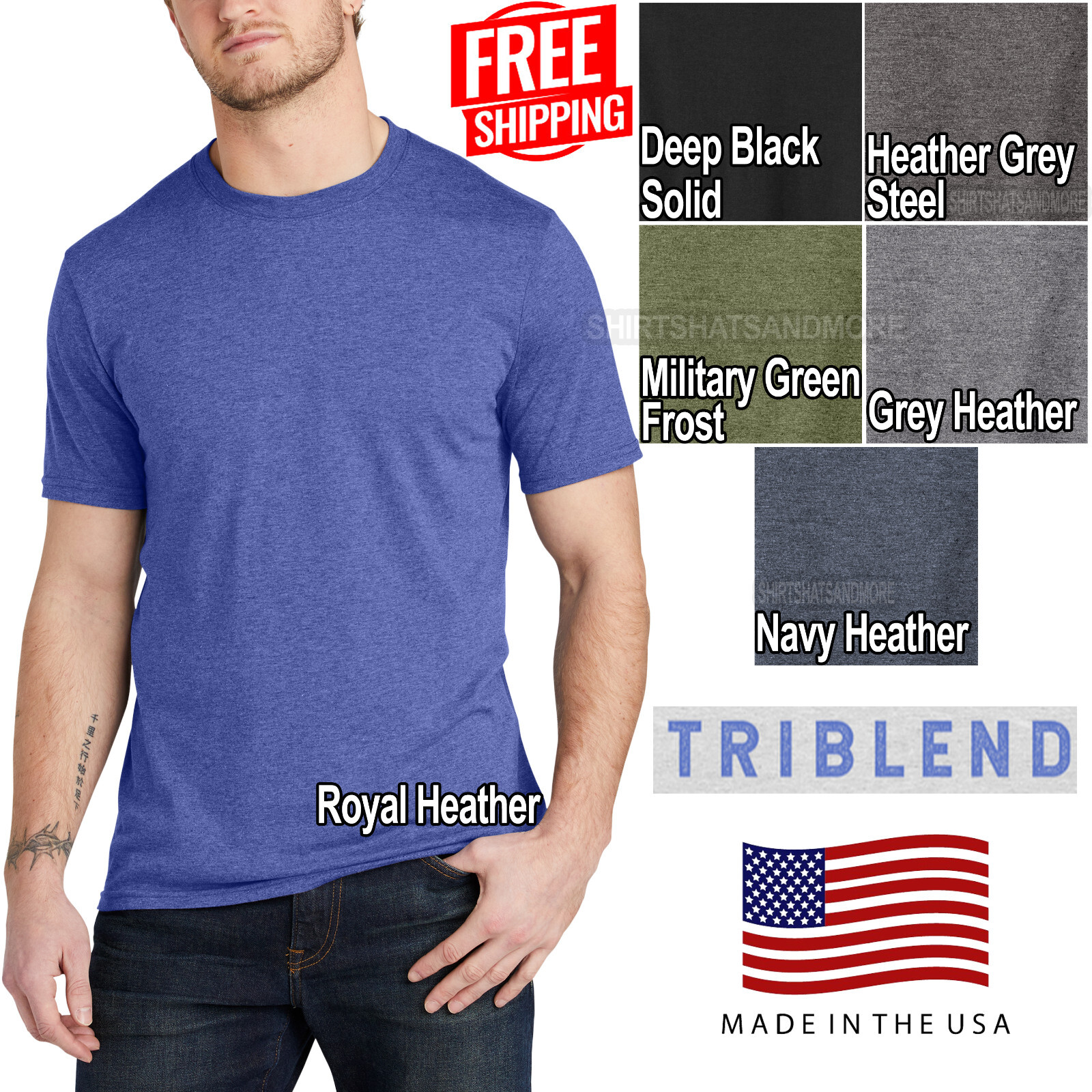 Mens American Made Triblend T-Shirt Soft USA Tee S, M, L, XL, 2XL, 3XL, 4XL NEW!