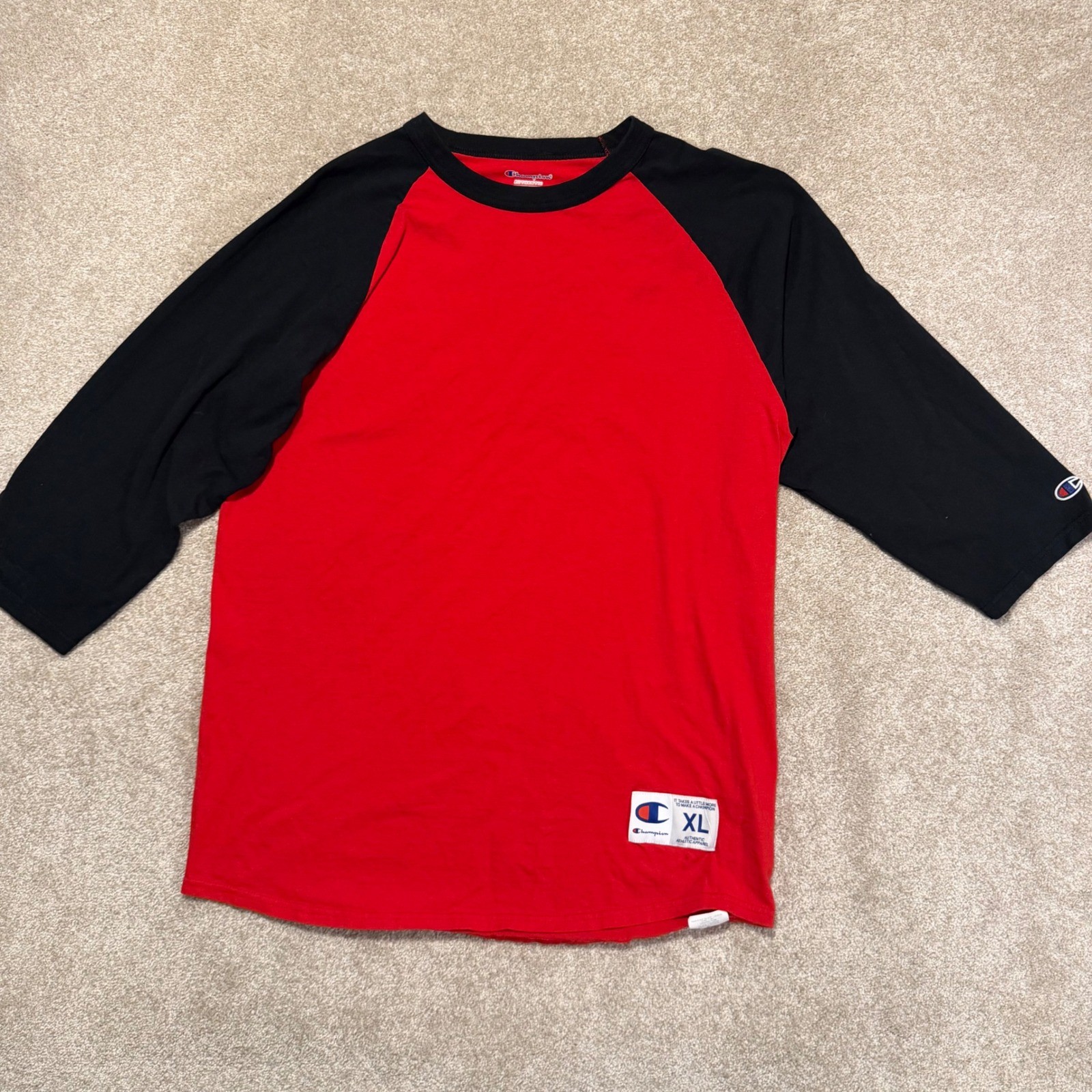 Champion Raglan Tee Mens XL Red Black 3/4 Sleeve Baseball Shirt T137