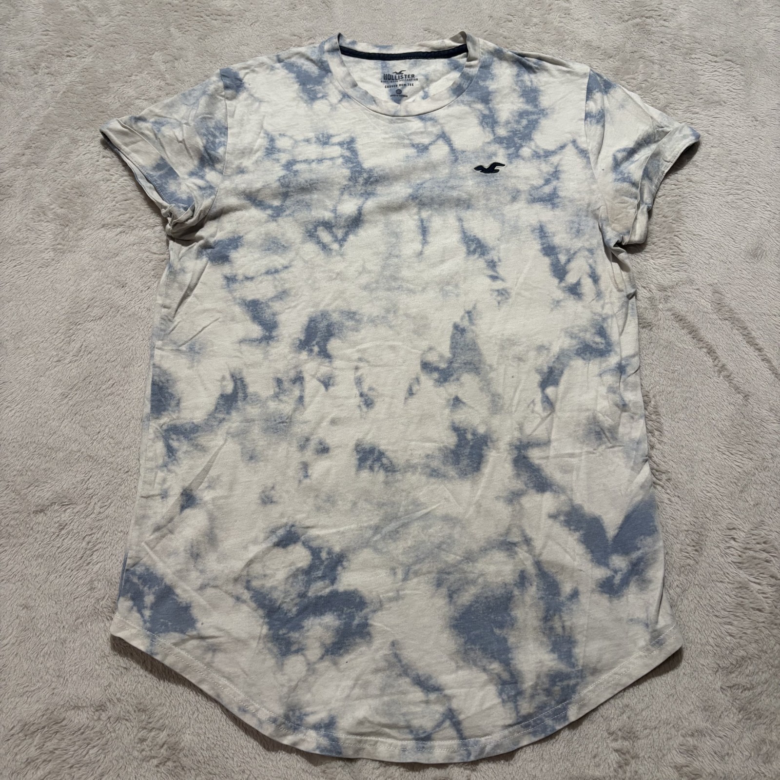Hollister Must Have Collection T Shirt Mens S White Blue Tie Dye Knit Curved Hem