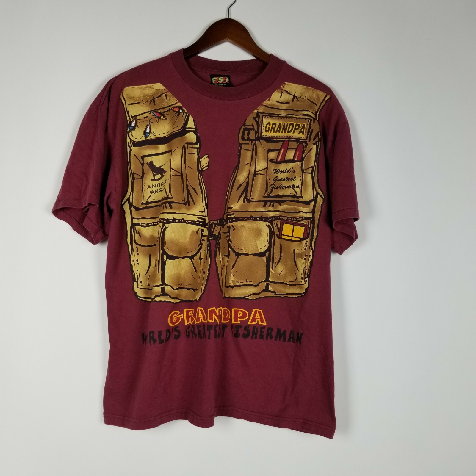Vintage TSI Mens L Maroon Cotton Grandpa Worlds Greatest Fisherman Single Stitch