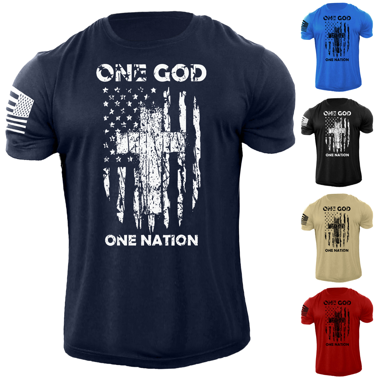 Men’s One GOD One Nation Cross USA Flag T Shirt American Patriotic 100% Cotton