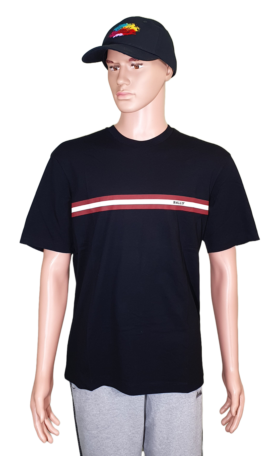 Bally 6233733 Men’s Black 100% Cotton Striped Logo T-Shirt MSRP $300