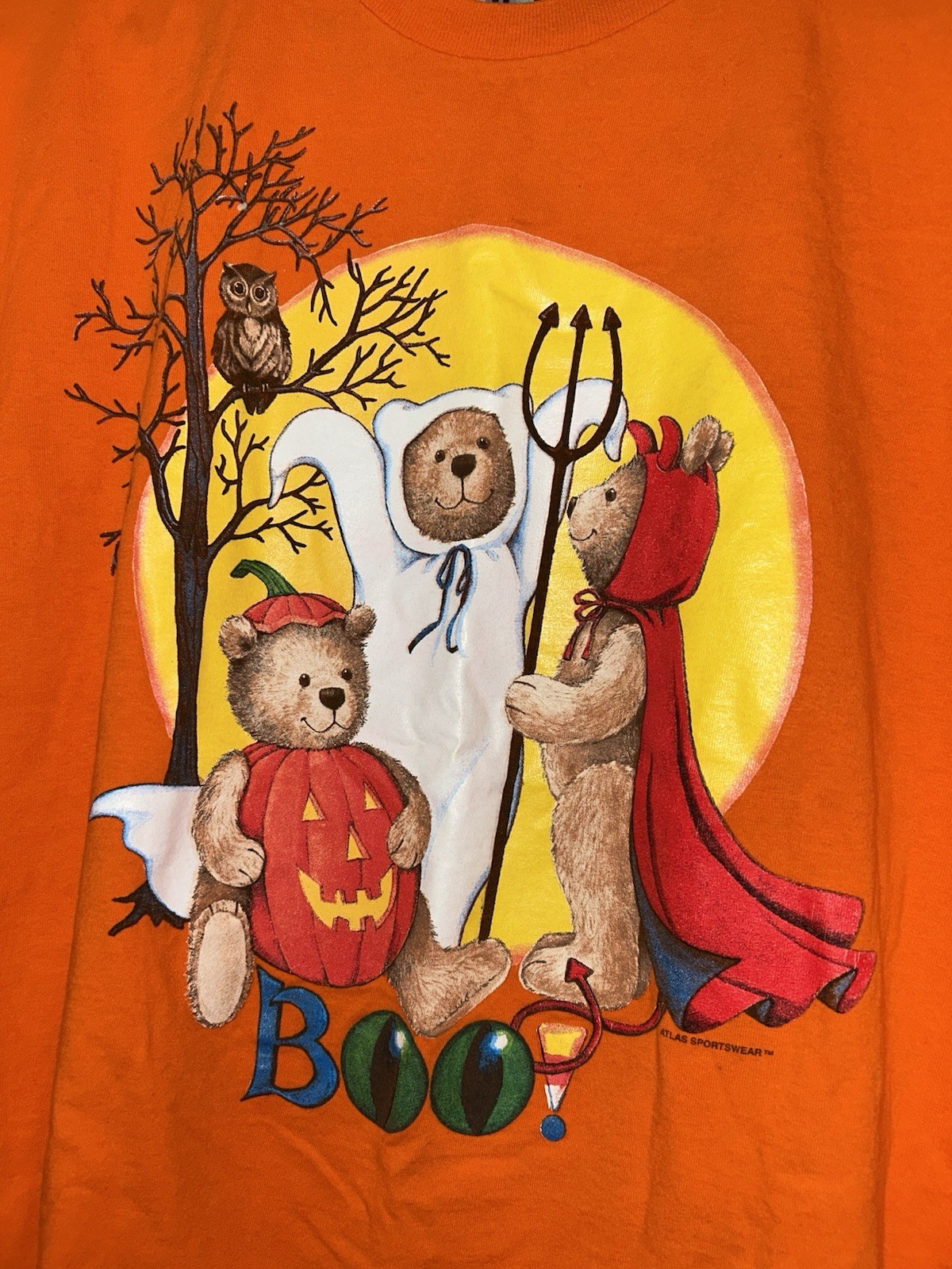 Vtg Tee Shirt Size XL Orange Teddy Bear Halloween Cute Print Atlas Top S/s