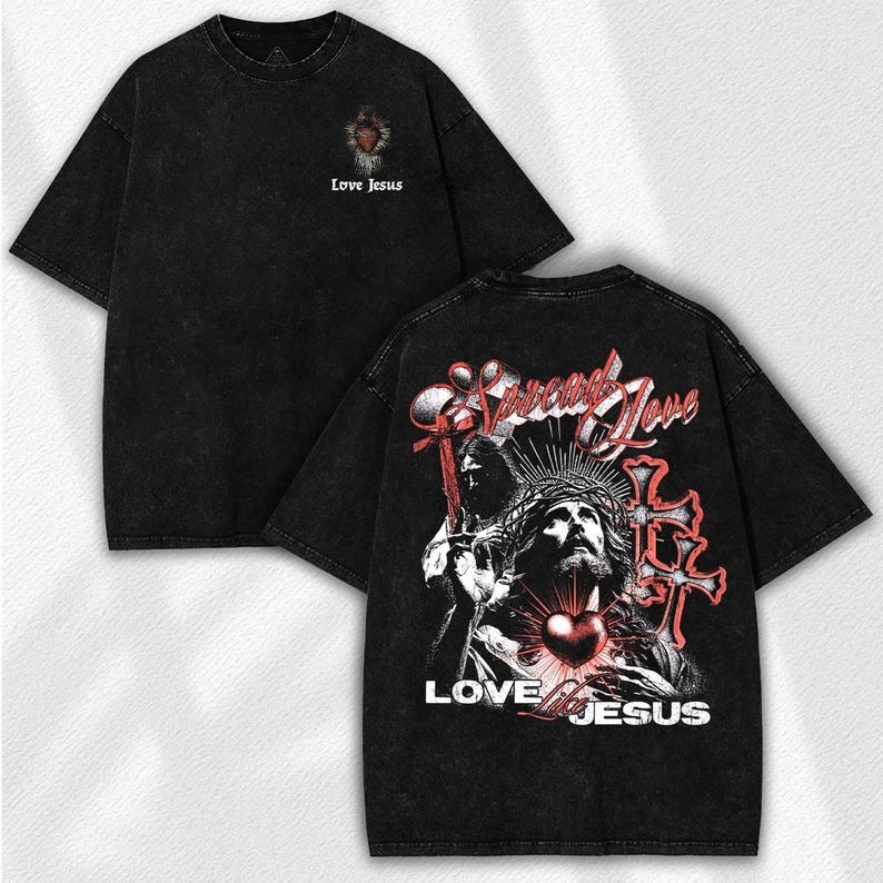 Love Jesus Washed Tee: Vintage Christian Streetwear – Sacred Heart Cross Graphic