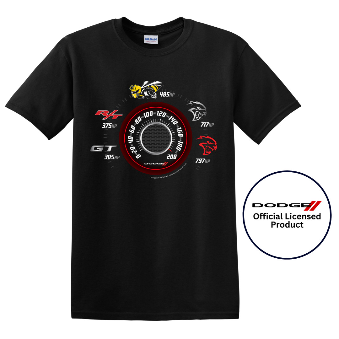 Dodge Speedometer Horsepower Logo Graphic Cotton T-Shirt Black Official Licensed