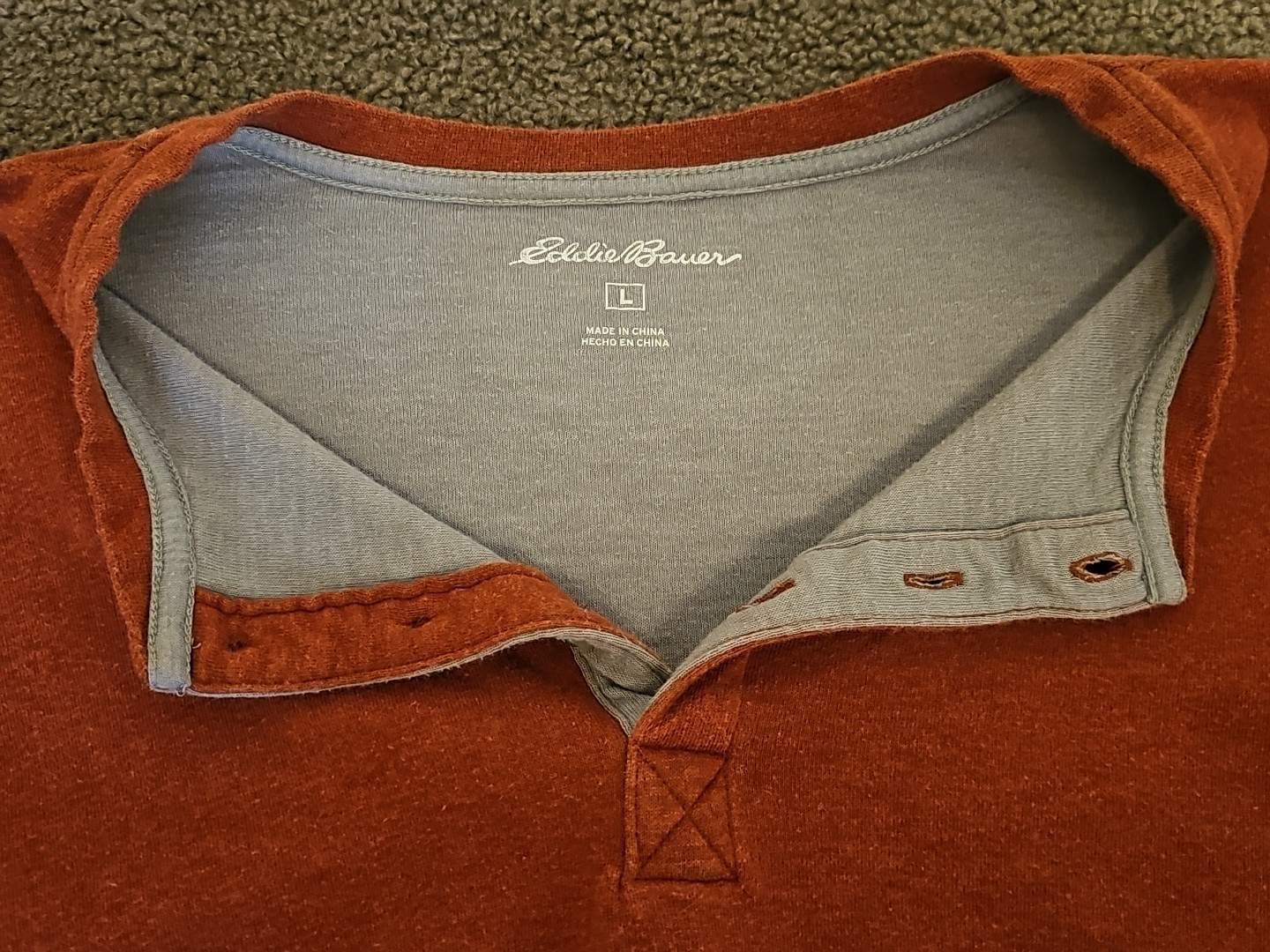 Eddie Bauer Mens Large Henley orange Ultrasoft long Sleeve pull on