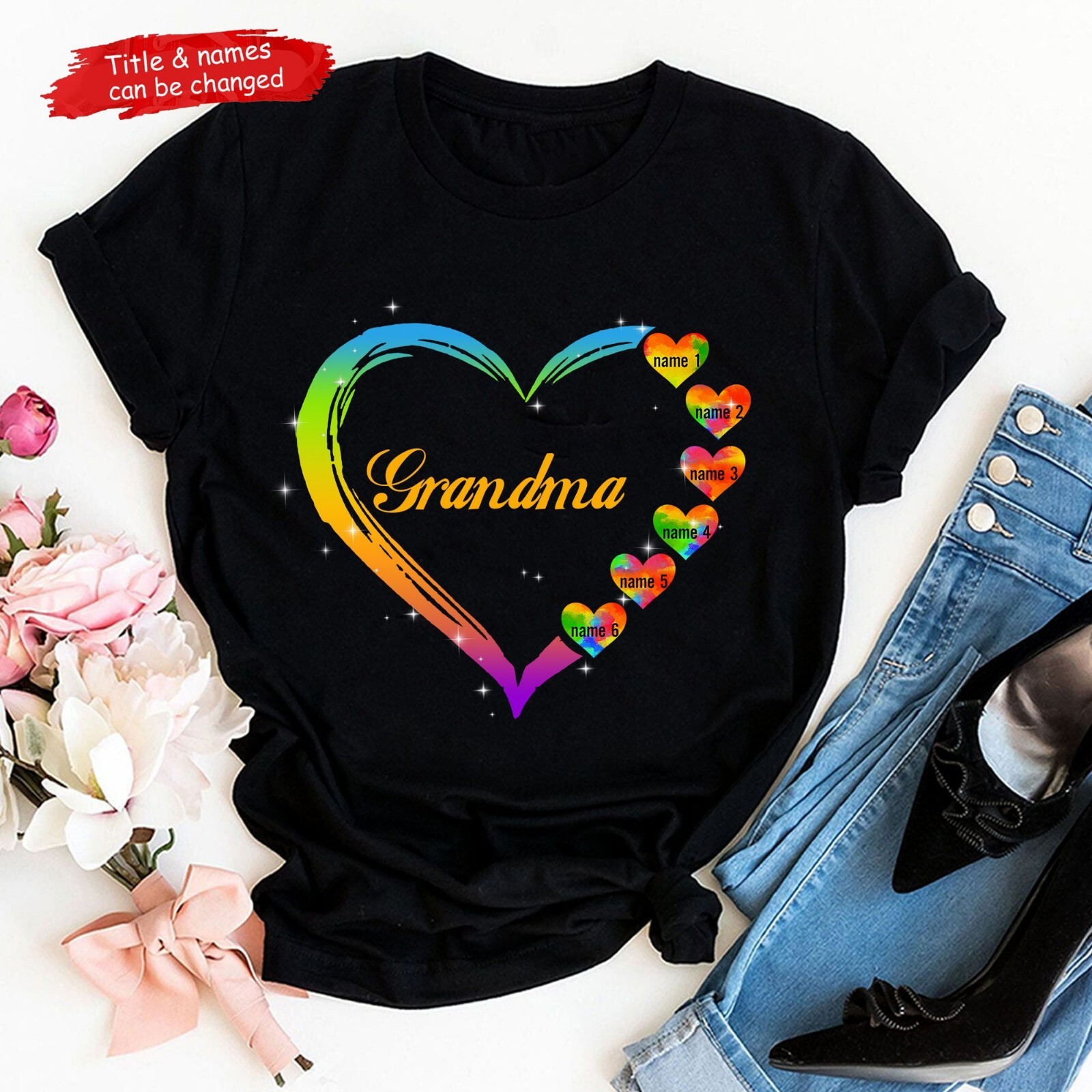 Personalized Grandma Colorful Heart Shirt, Custom Nana Shirt With Grandkids Name