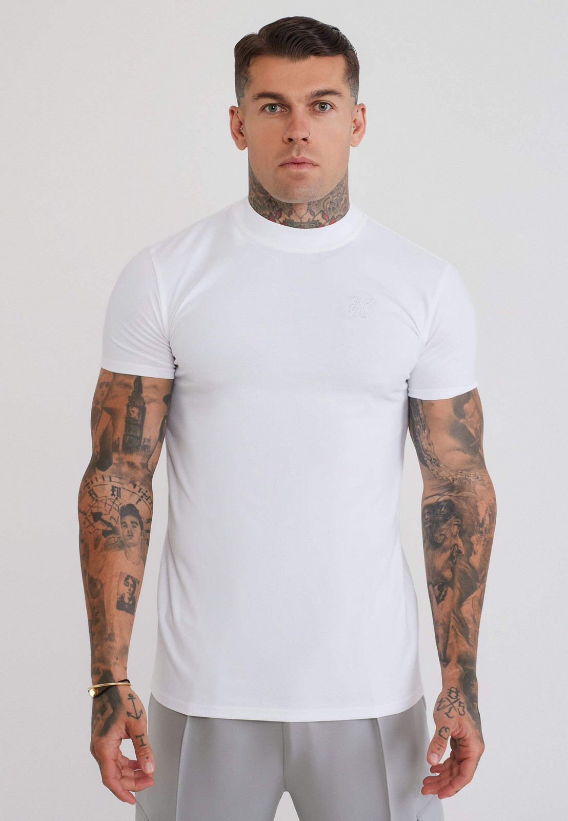 SikSilk Men’s Muscle Fit High Crew Neck T-Shirt Tee White