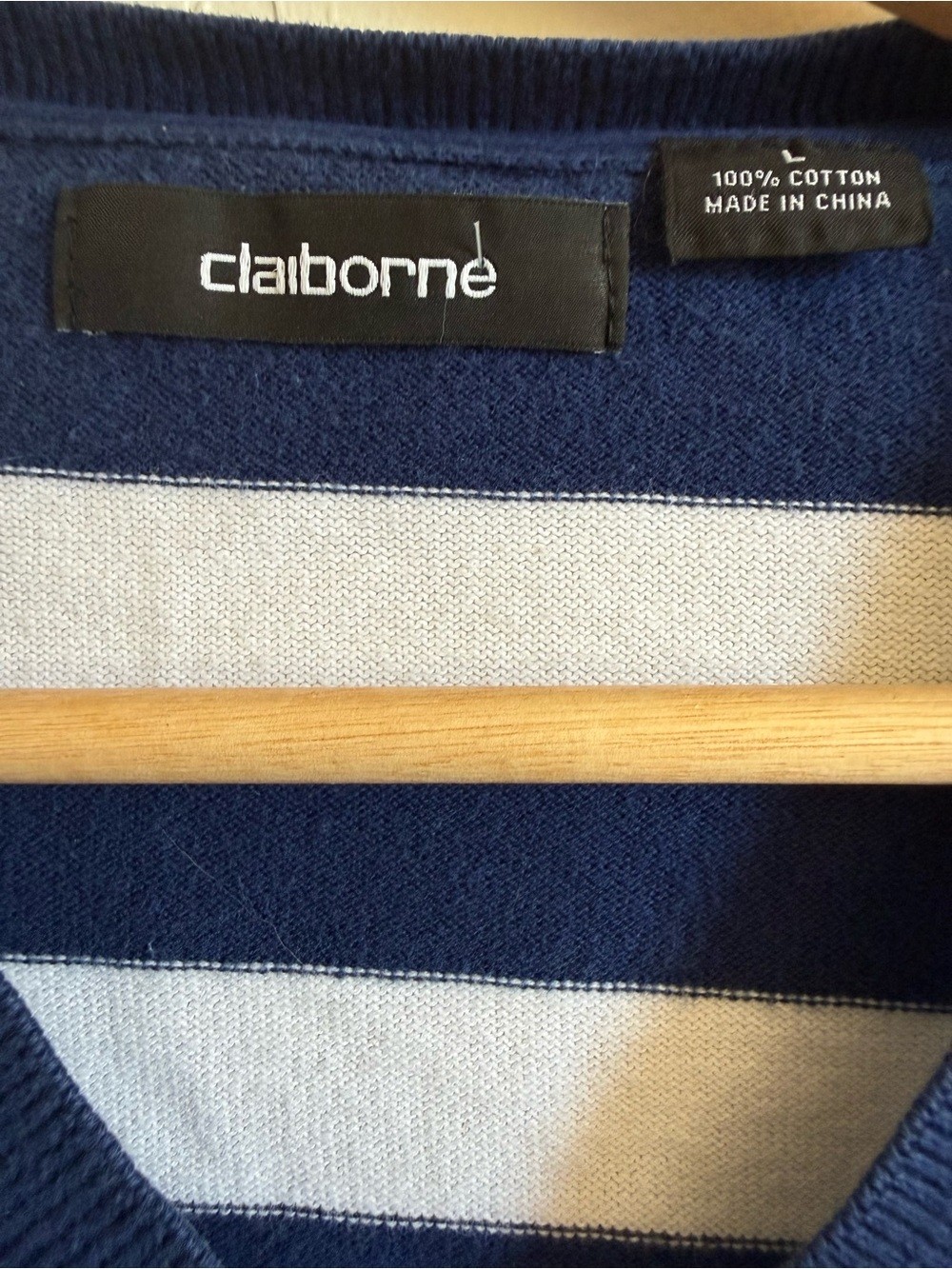 Claiborne Men’s Large Blue White Striped V-Neck Cotton Sweater