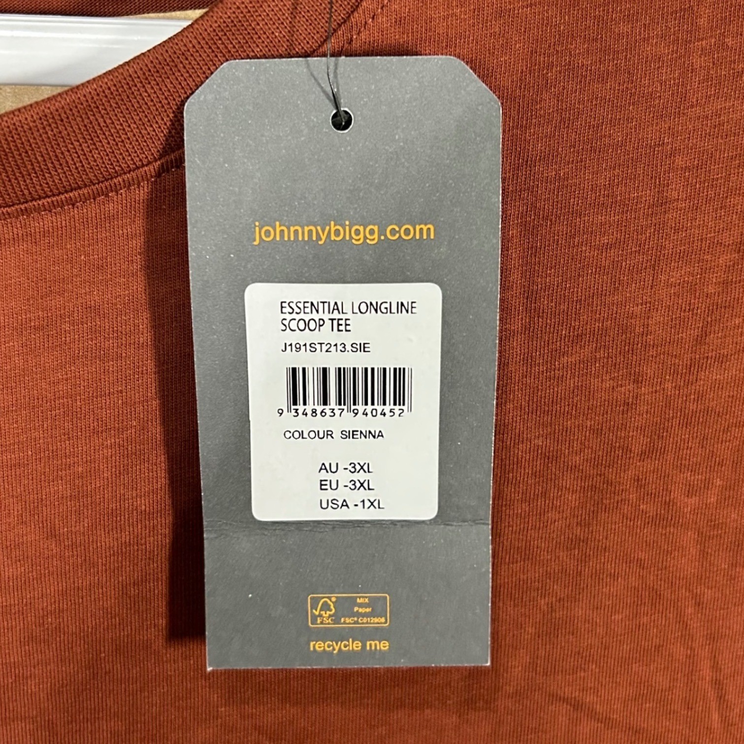 Johnny Bigg Mens Essential Longline Scoop Tee T-Shirt Sienna XL NWT
