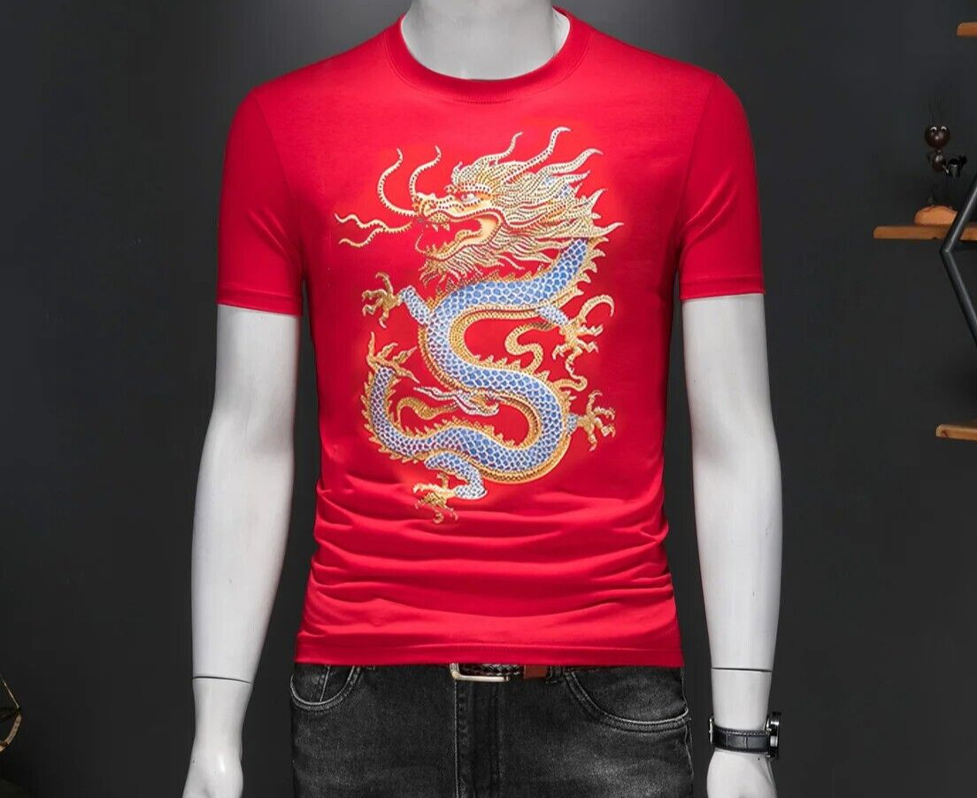 New Men Luxury Diamond Dragon Rhinestones Fashion T-Shirt High Quality