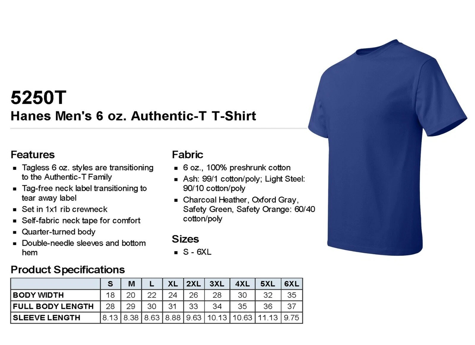 Hanes Mens 100% Cotton Authentic-T T-Shirt S-3XL 5250T