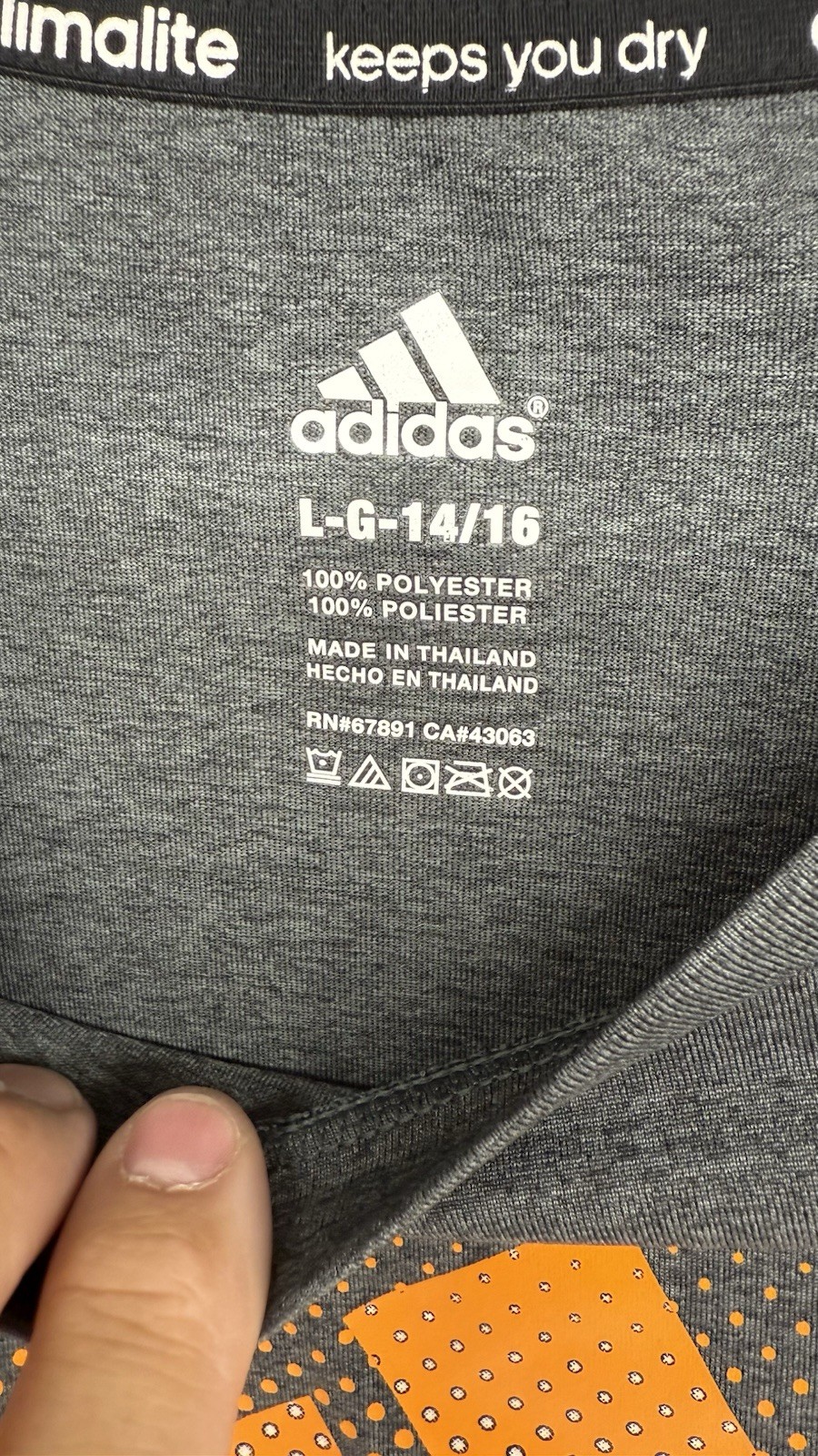 Adidas Climate Child Size Large 14/16 Gray/ Orange Logo Short Sleeve T-Shirt