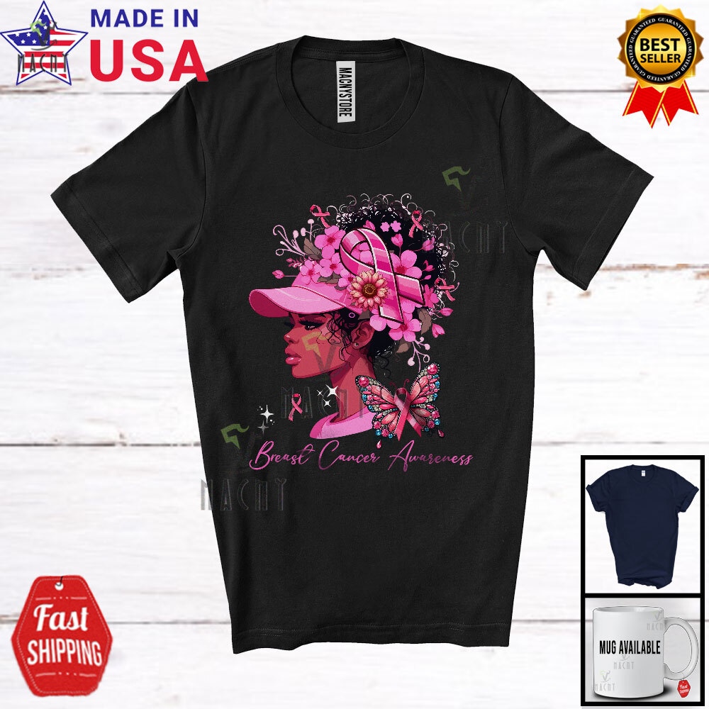 Breast Cancer Awareness; Adorable Black Afro Women Butterfly; Pink Ribbon Shirt