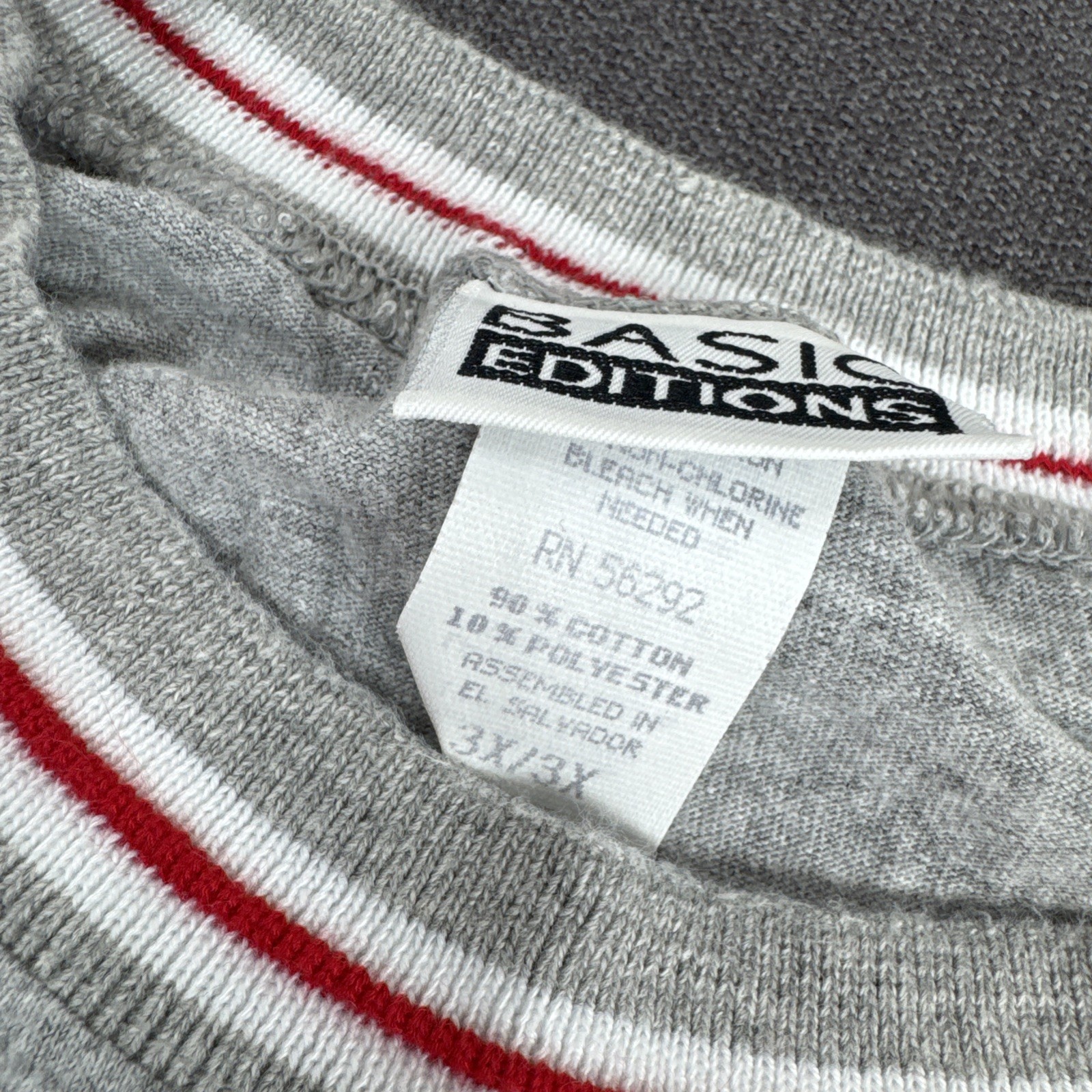Vtg Basic Editions T Shirt Grey Red Sleeves Ribbed Crew Neck Men’s 3X