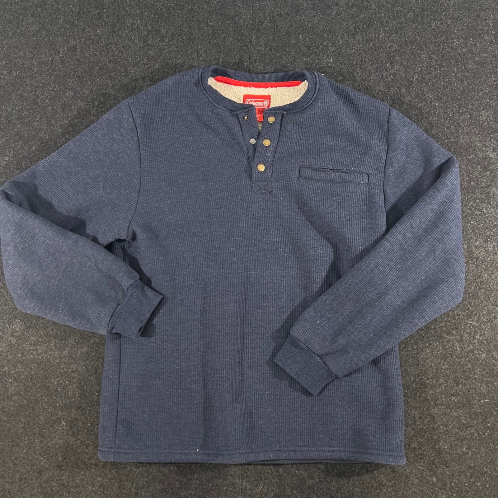 Coleman Henley Shirt Mens Medium Blue Sherpa Lined Waffle Knit Thermal Workwear