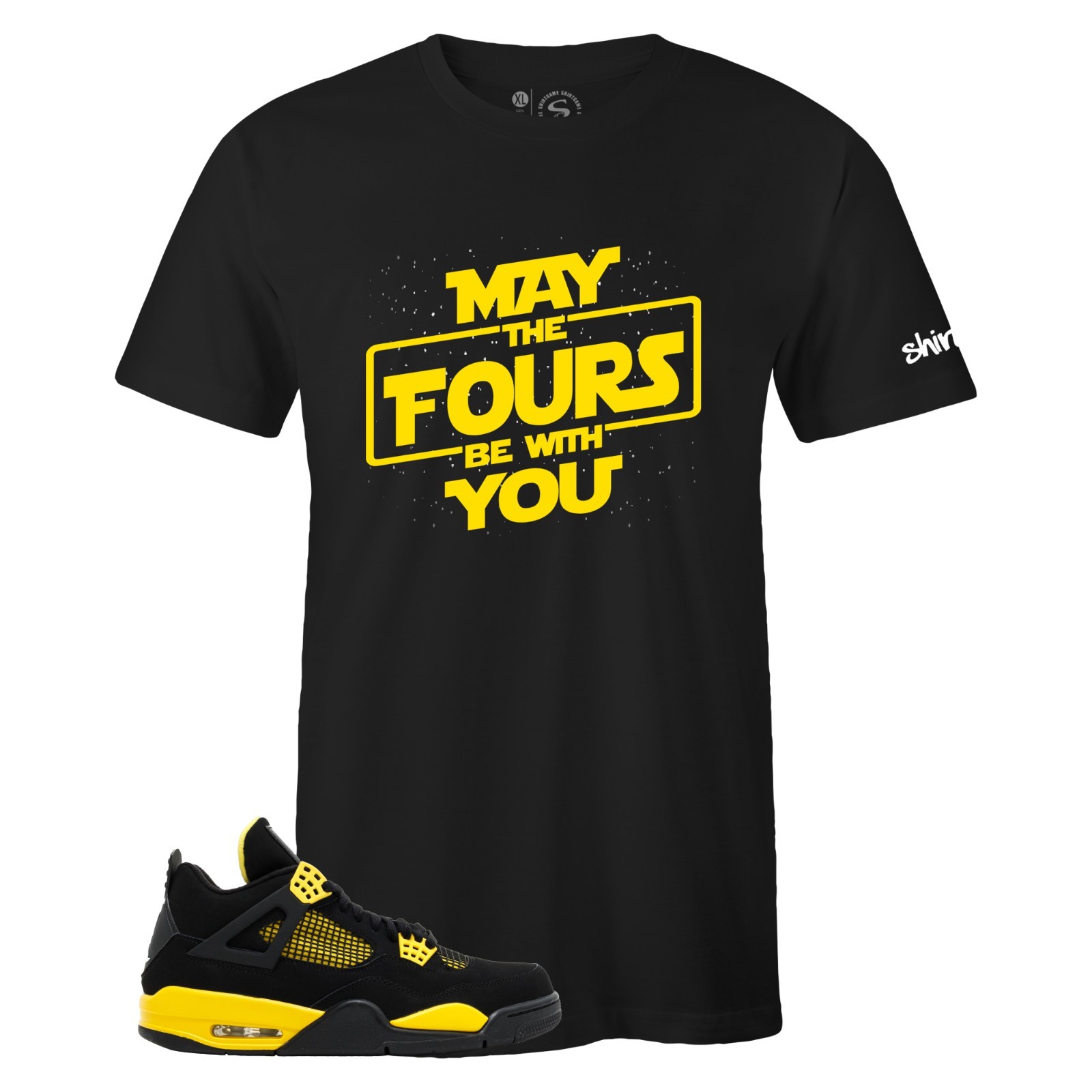 Men’s Black MAY THE FOURS Sneaker T-shirt to Match Air Jordan 4 Retro ‘Thunder’