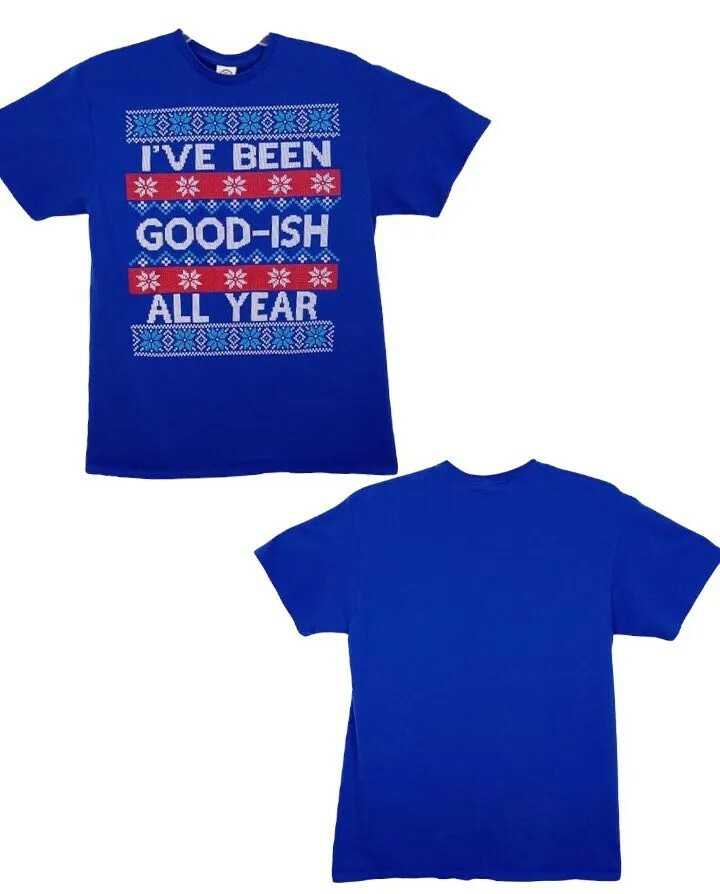 Men’s Graphic T-shirt Size Large “I’ve Been Good-ish All Year” Blue 100% Cotton