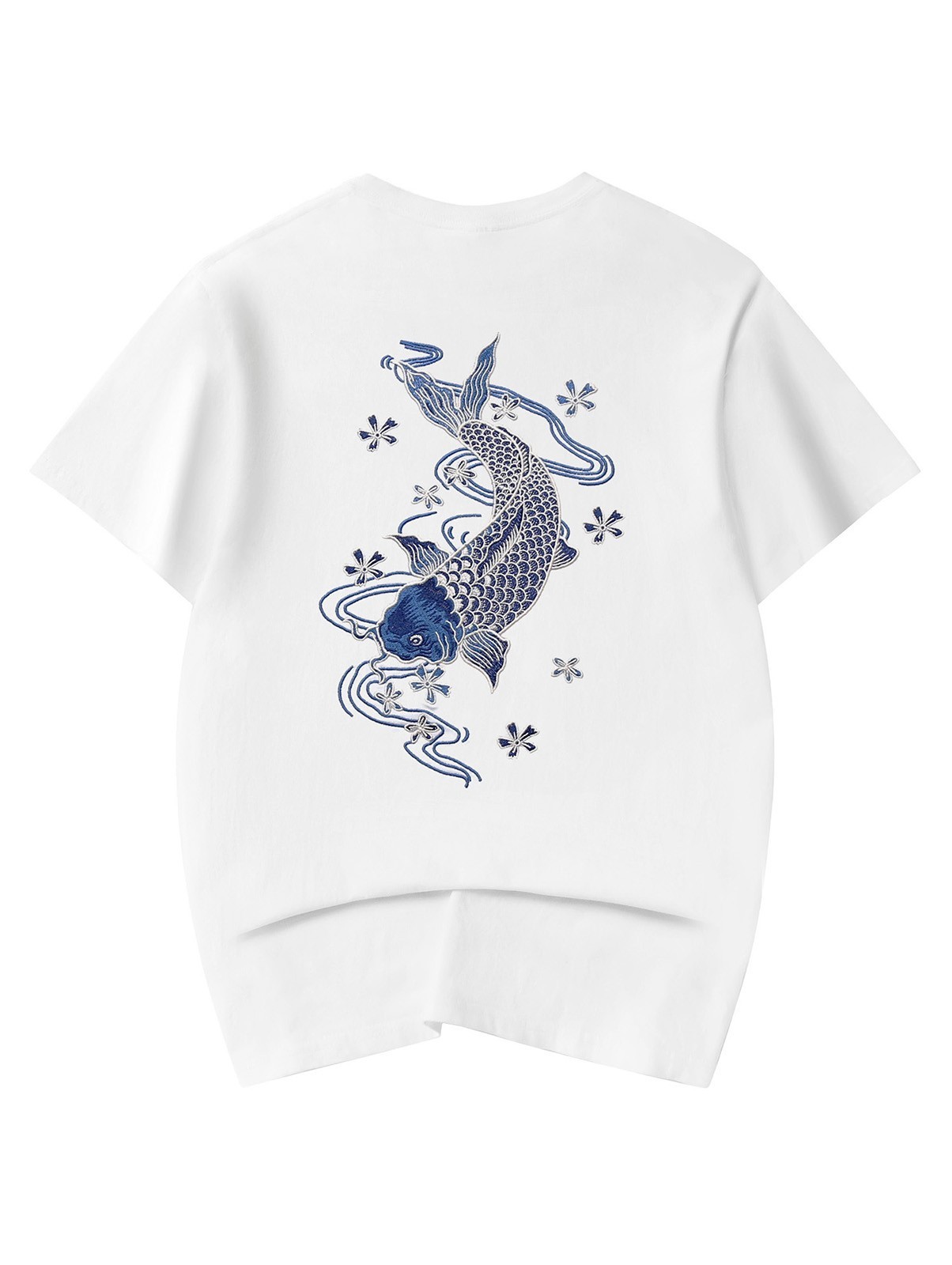 Niepce Japanese Streetwear Embroidery T-shirt Blue Koi Graphic Tee for Men
