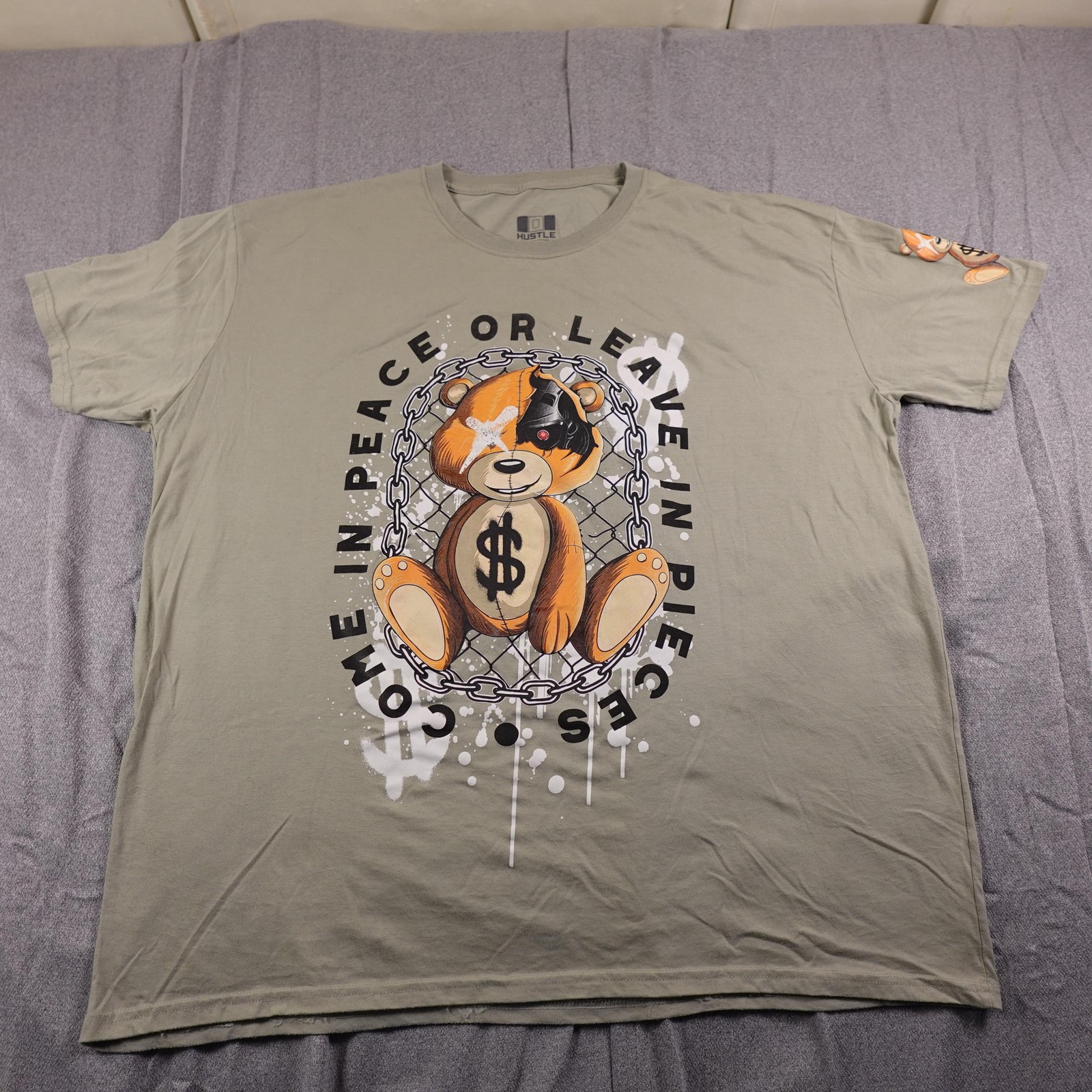 Hustle Shirt Mens 3XL Green Come In Peace Teddy Bear Graphic Streetwear